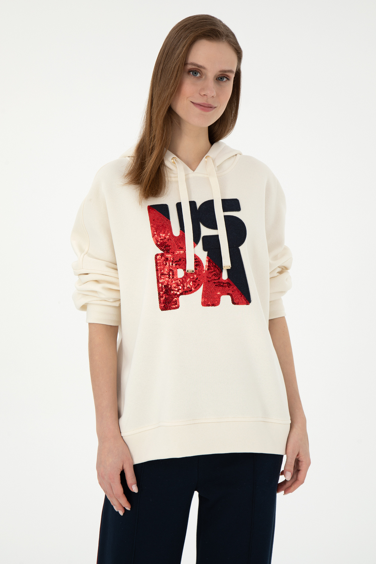 U.S. Polo Assn. Kadın Krem Kapüşonlu Sweatshirt 50292353-VR071 görsel 3