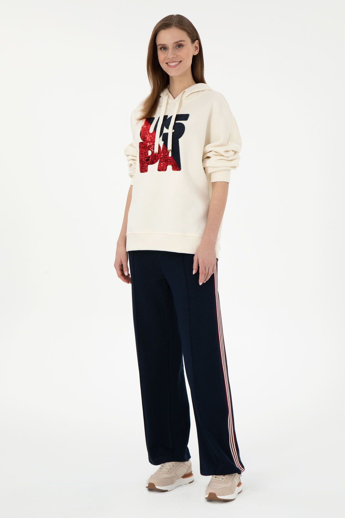 U.S. Polo Assn. Kadın Krem Kapüşonlu Sweatshirt 50292353-VR071 görsel 4