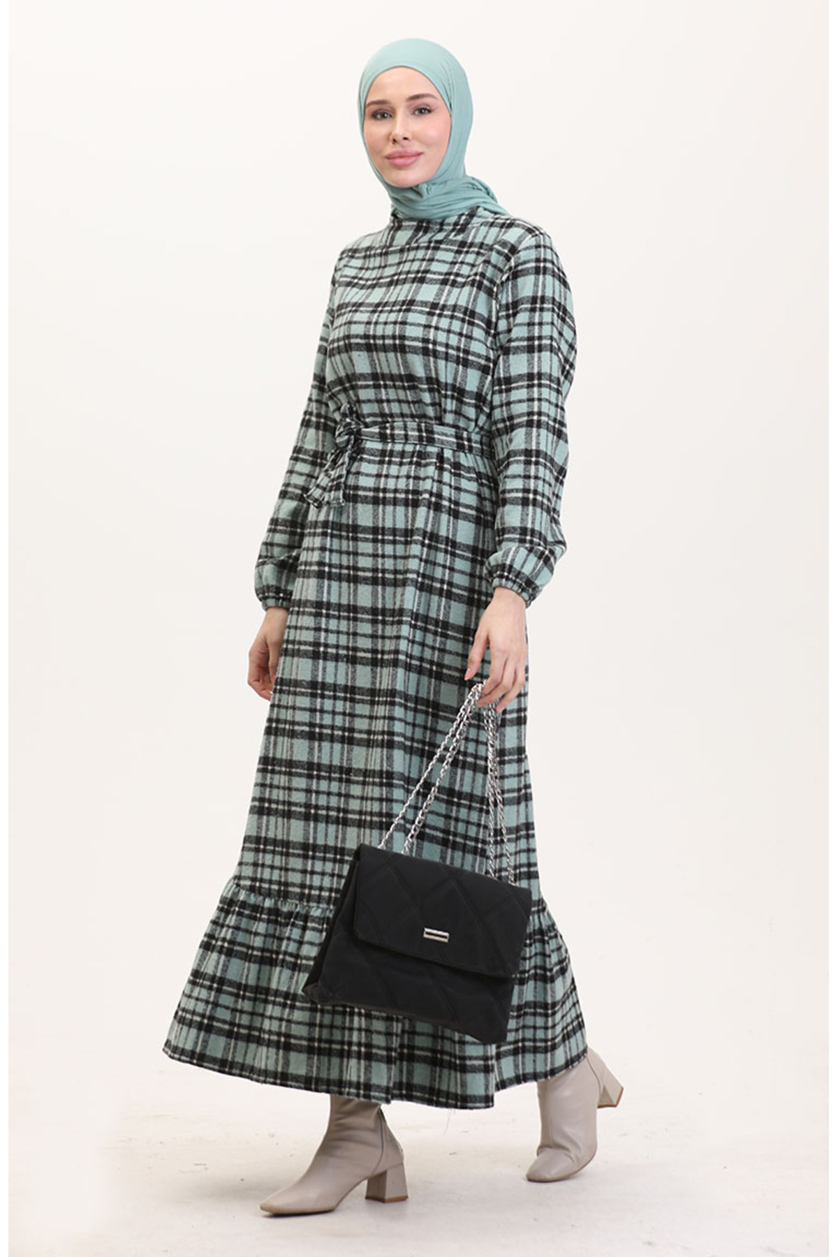 sefamerve-Holzfäller-Stoffkleid mit Gürtel 0561-01 Grün 2
