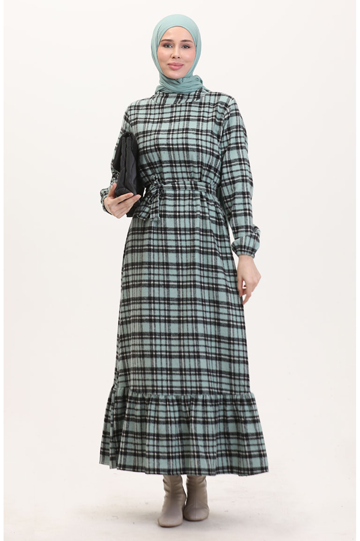 sefamerve-Holzfäller-Stoffkleid mit Gürtel 0561-01 Grün 1