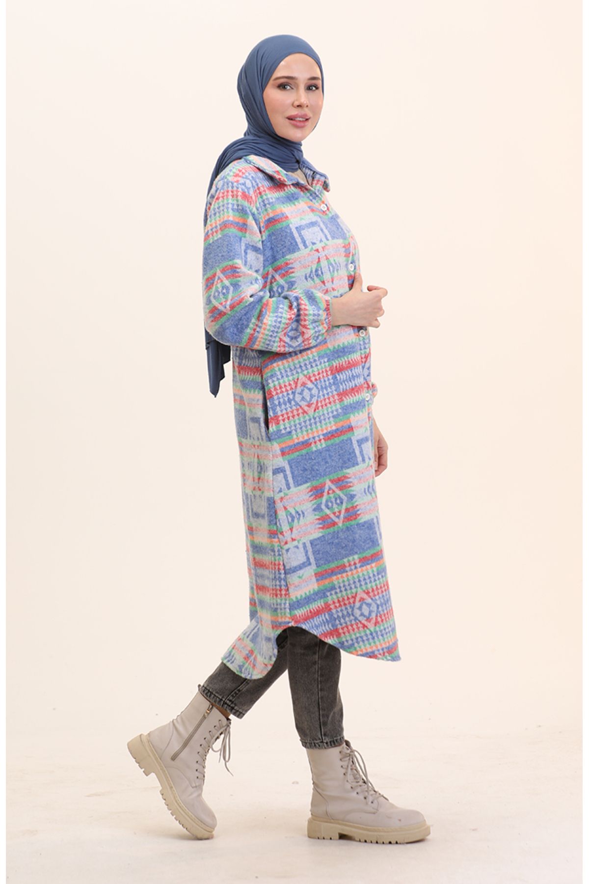 sefamerve-Blue Ethnic Patterned Cap with Buttons, 0556-02 2