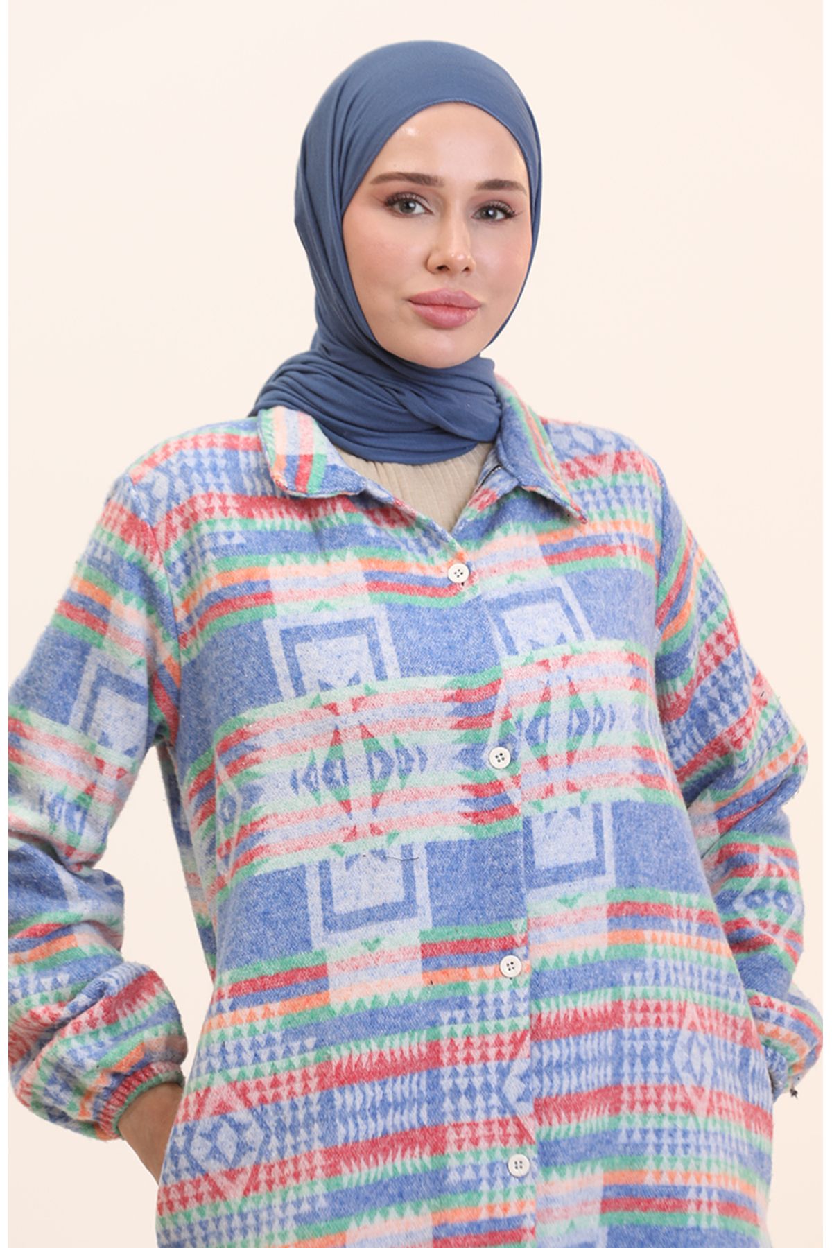 sefamerve-Blue Ethnic Patterned Cap with Buttons, 0556-02 3