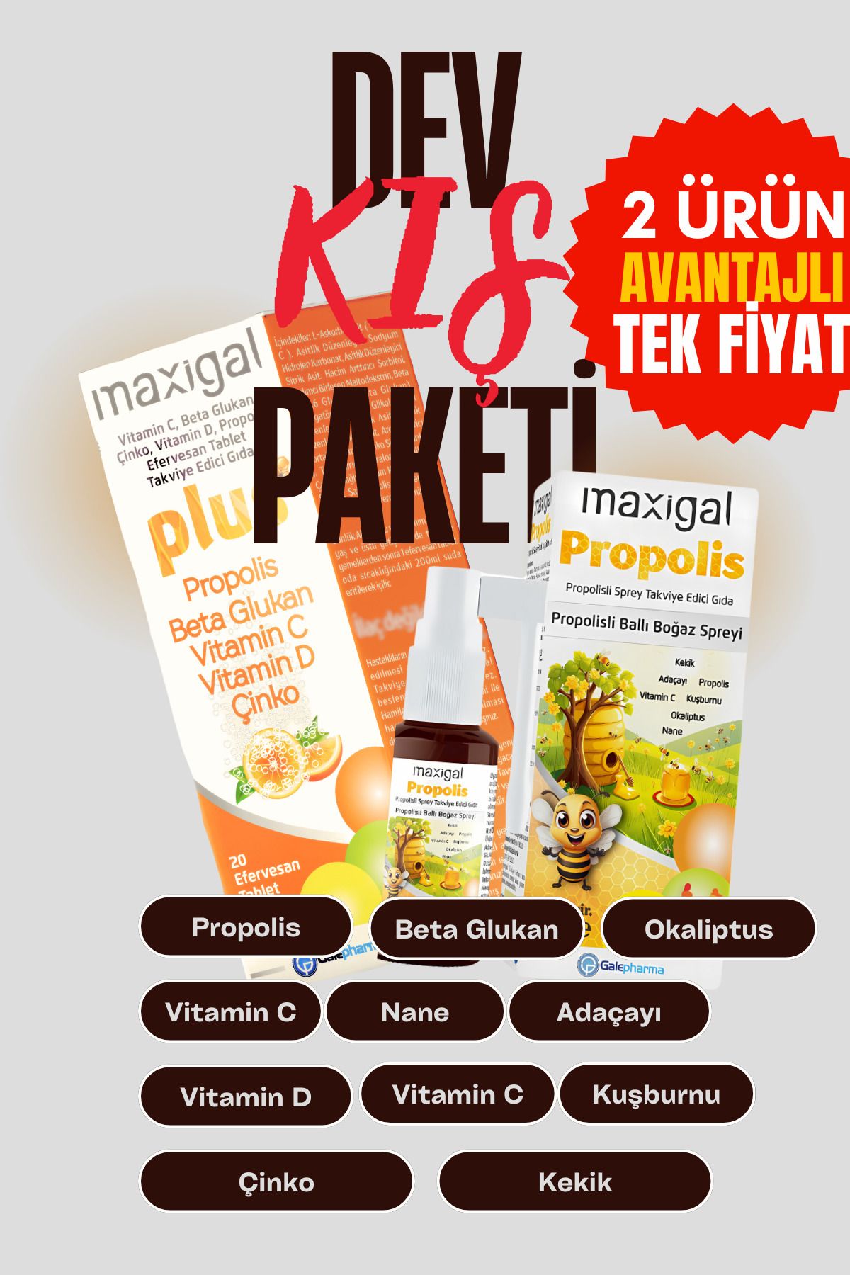 Maxigal Propolis ve Vitamin C İçeren Boğaz Spreyi ve Efervesan Tablet Beta Glukan Kış Paketi 2'li