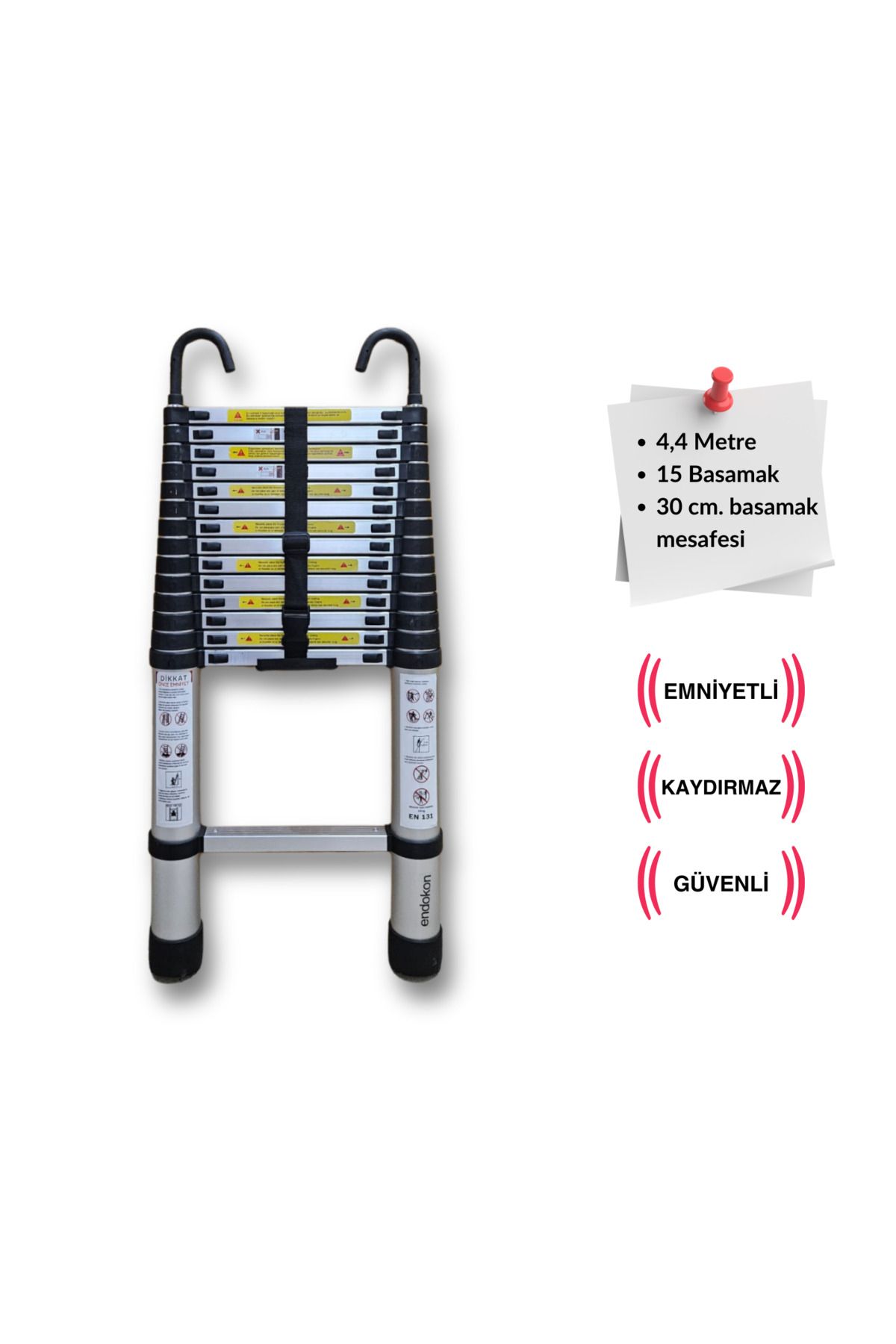 Endokon 440 Cm. - 15 Basamaklı Kancalı Teleskopik Merdiven - I Tipi Uzayan Merdiven