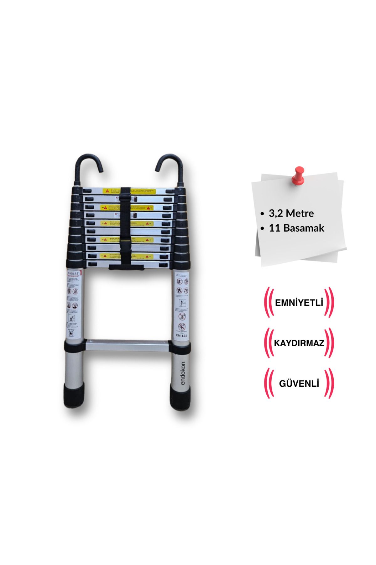 Endokon 320 Cm. - 11 Basamaklı Kancalı Teleskopik Merdiven - I Tipi Uzayan