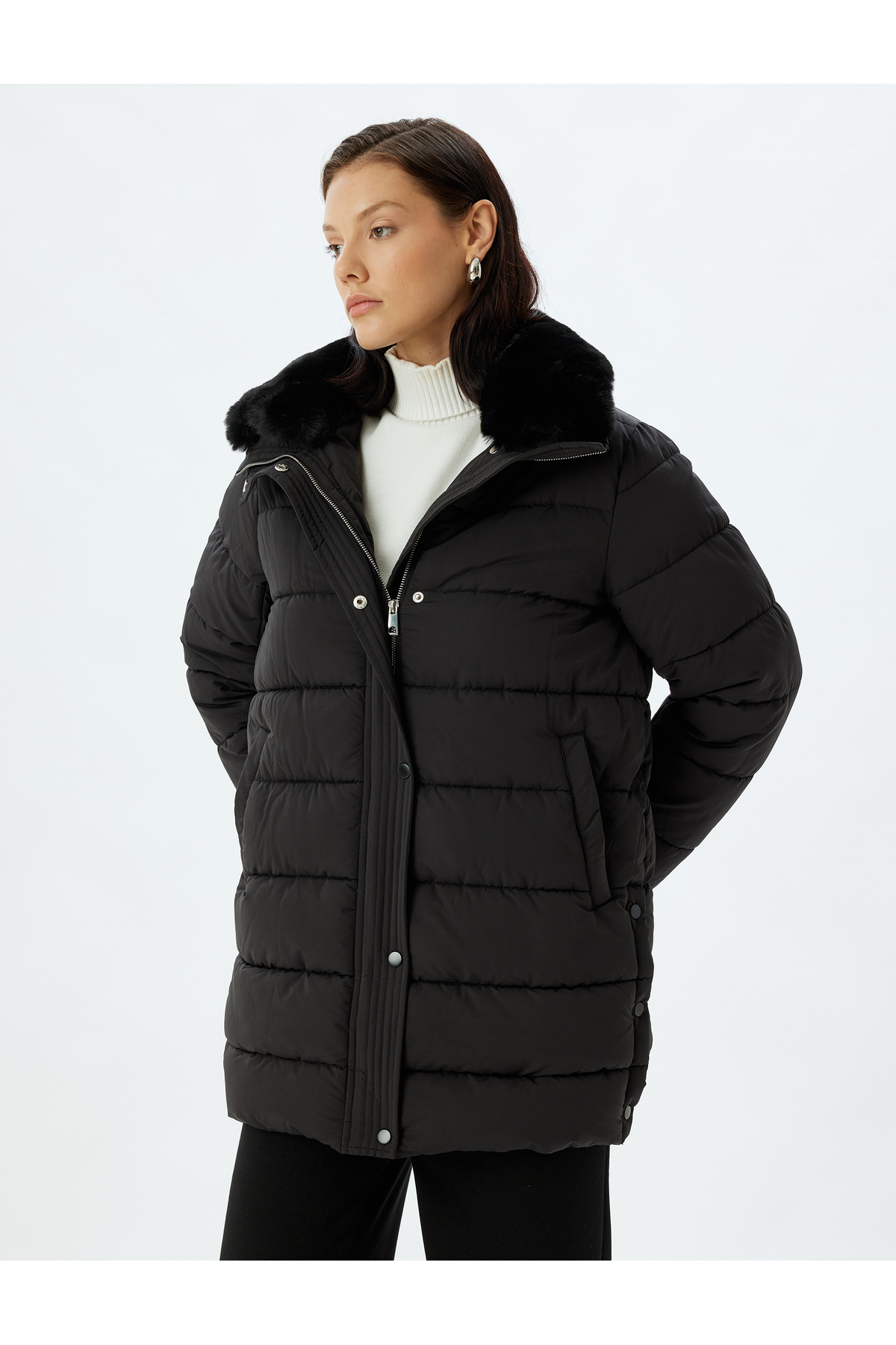 Koton  Yakası Suni Kürklü Şişme Mont Su İtici Kalça Boy Cepli Fermuarlı - Görsel 3