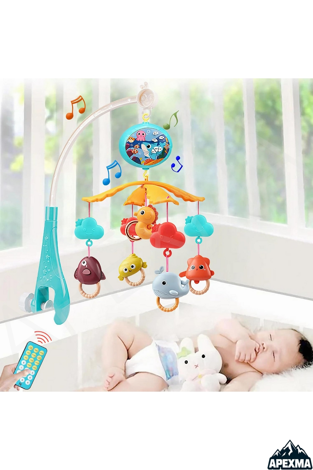 Apexma Pilli Işıklı Müzikli Kumandalı Projektörlü Sabitlemeli Çıngıraklı Dönence - Bebek Uyku Arkadaşı fotoğrafı 3 (önizleme)
