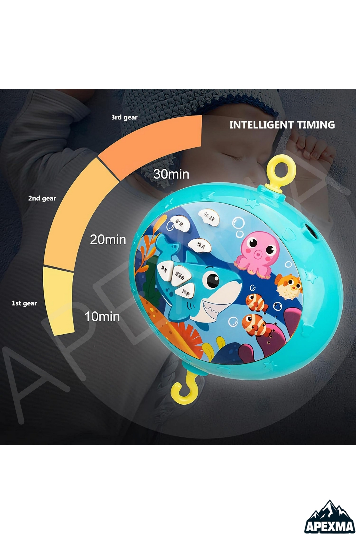 Apexma Pilli Işıklı Müzikli Kumandalı Projektörlü Sabitlemeli Çıngıraklı Dönence - Bebek Uyku Arkadaşı fotoğrafı 5 (önizleme)