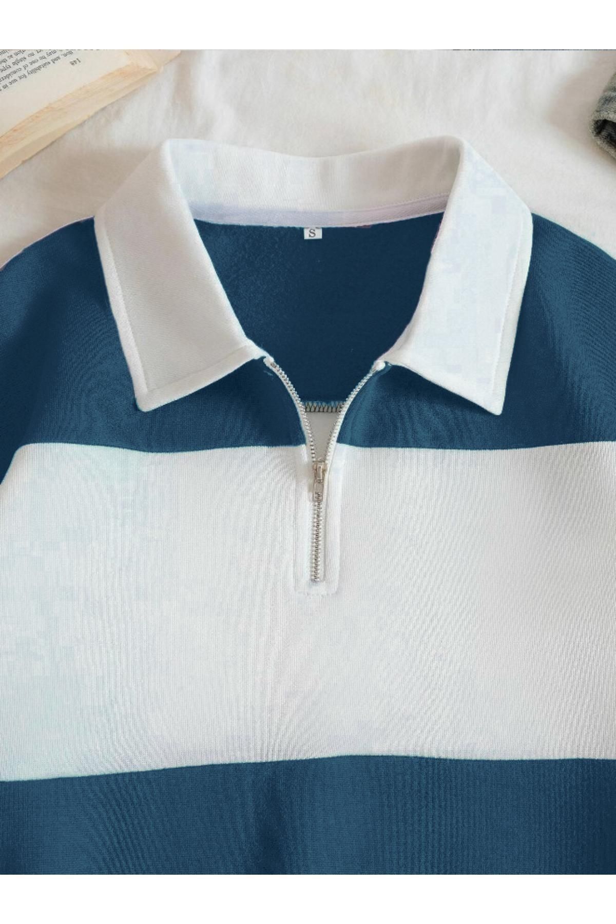 MARECASH  Petrol Mavi Beyaz Parçalı Renk Düz Yarım Fermuarlı Polo Yaka Sweatshirt Akmayan Kumaş - Görsel 3