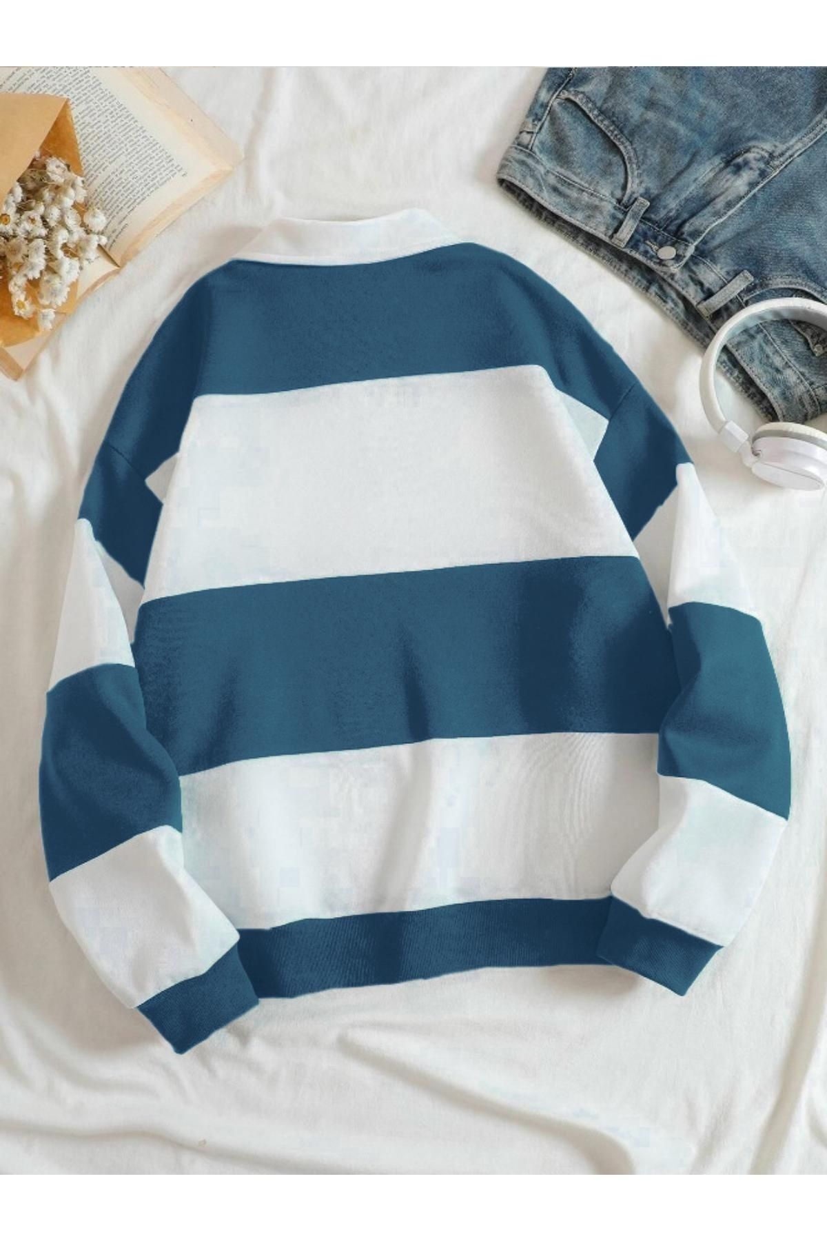 MARECASH  Petrol Mavi Beyaz Parçalı Renk Düz Yarım Fermuarlı Polo Yaka Sweatshirt Akmayan Kumaş - Görsel 4