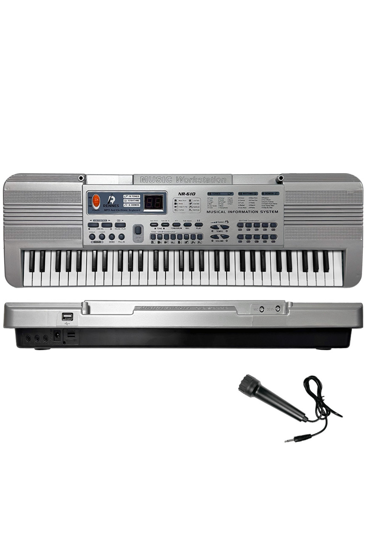 rennes NR-610 Çocuklar İçin 61 Tuşlu Org USB MP3 Pilli Mikrofonlu
