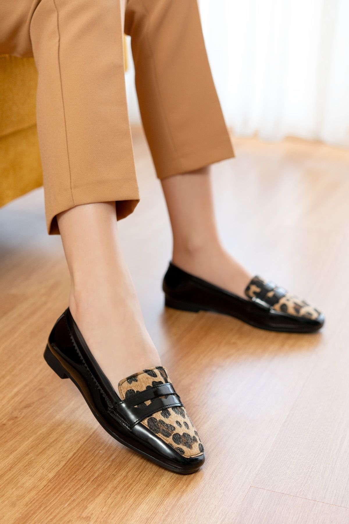 DİVOLYA-Balerini Fava Leopard din piele lacuita neagra (1 cm cu toc). 7