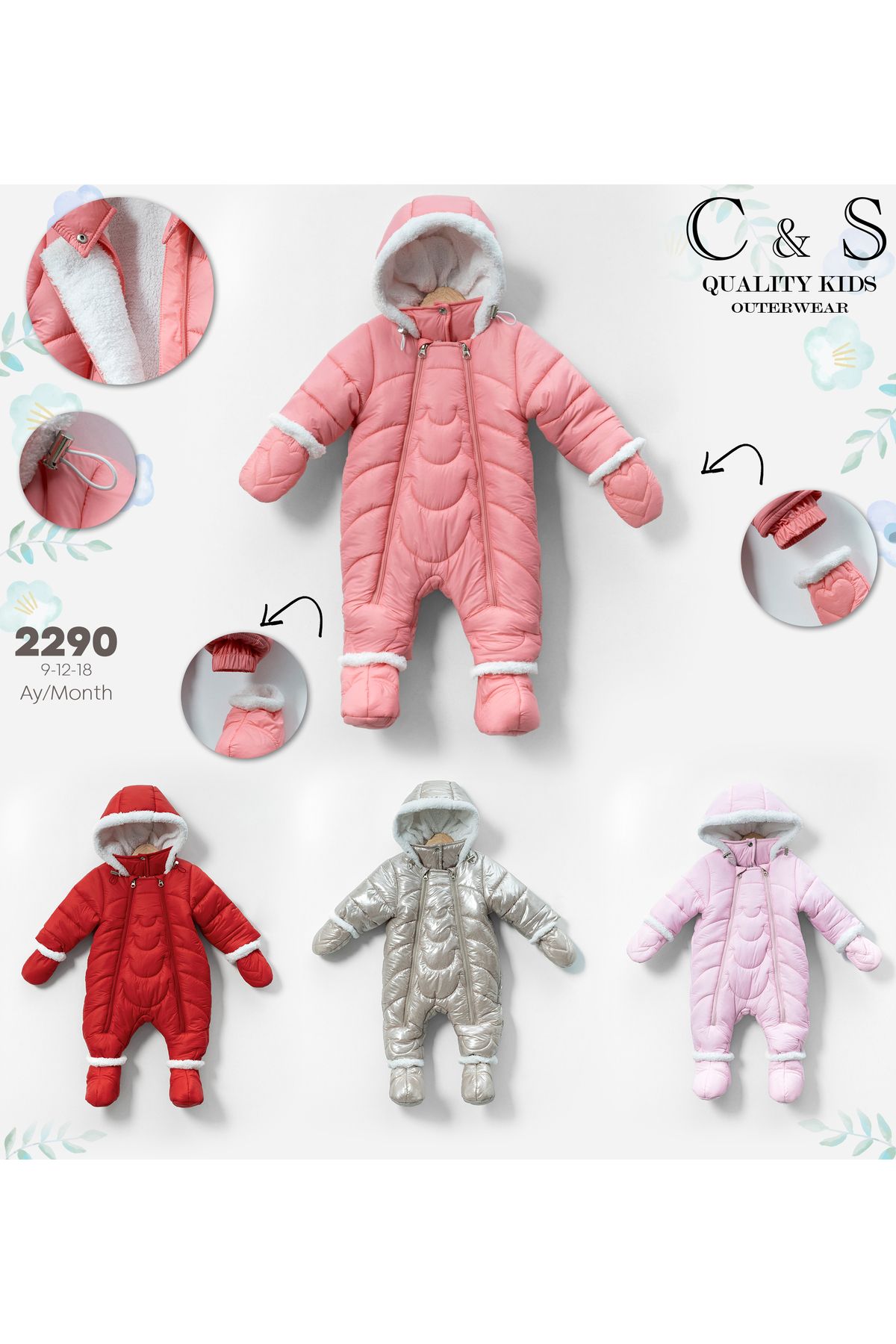 C&S-Girl's Cosmonaut Jumpsuit Coat with Stripe and Curved Patterned Paw Detail, Hood, Booties and Gloves 2