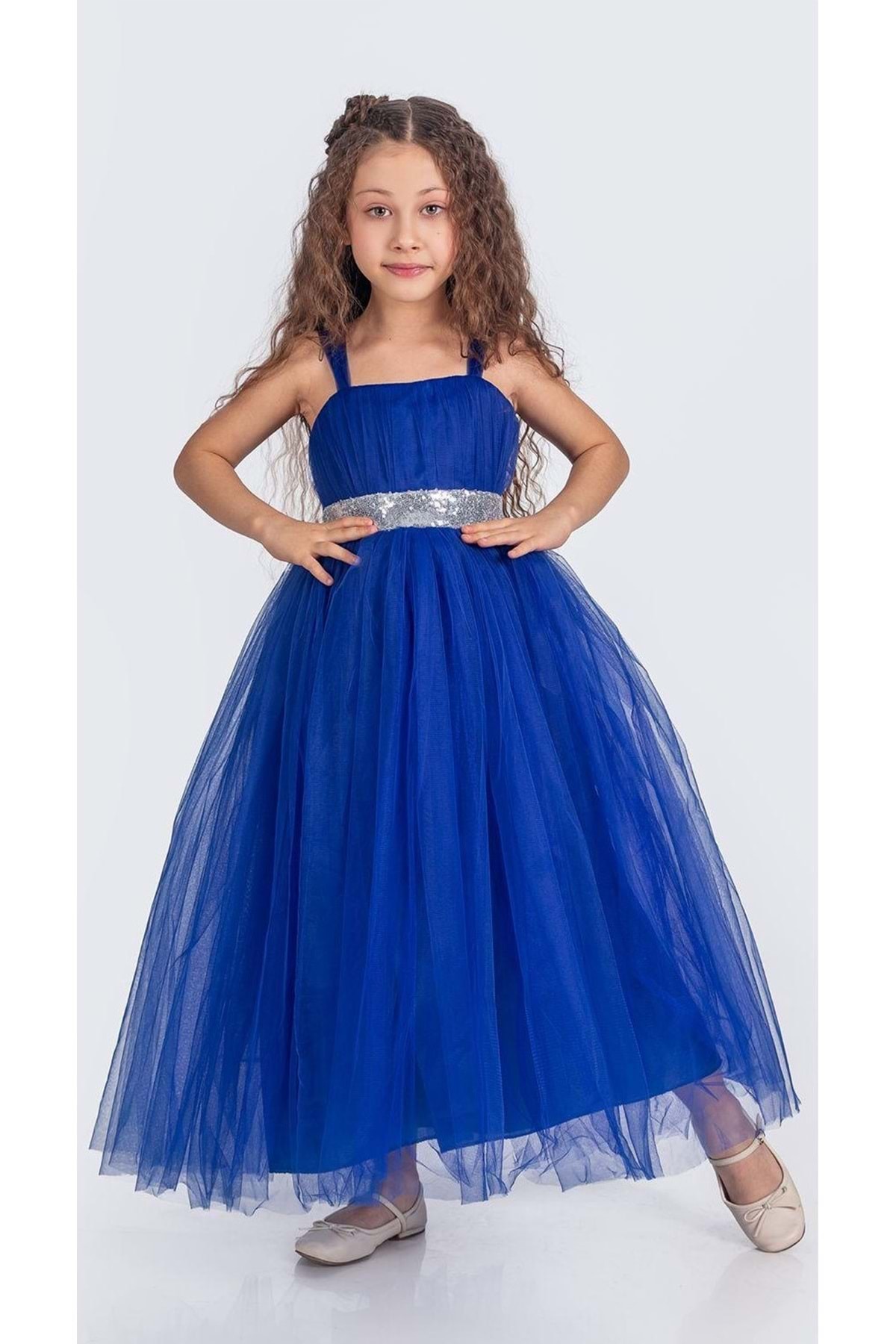 Mnk Sırt Gipeli Tütü Etek Kız Çocuk Saten Parti Abiye Elbise MNK0340 MAVİ fotoğrafı 5 (önizleme)
