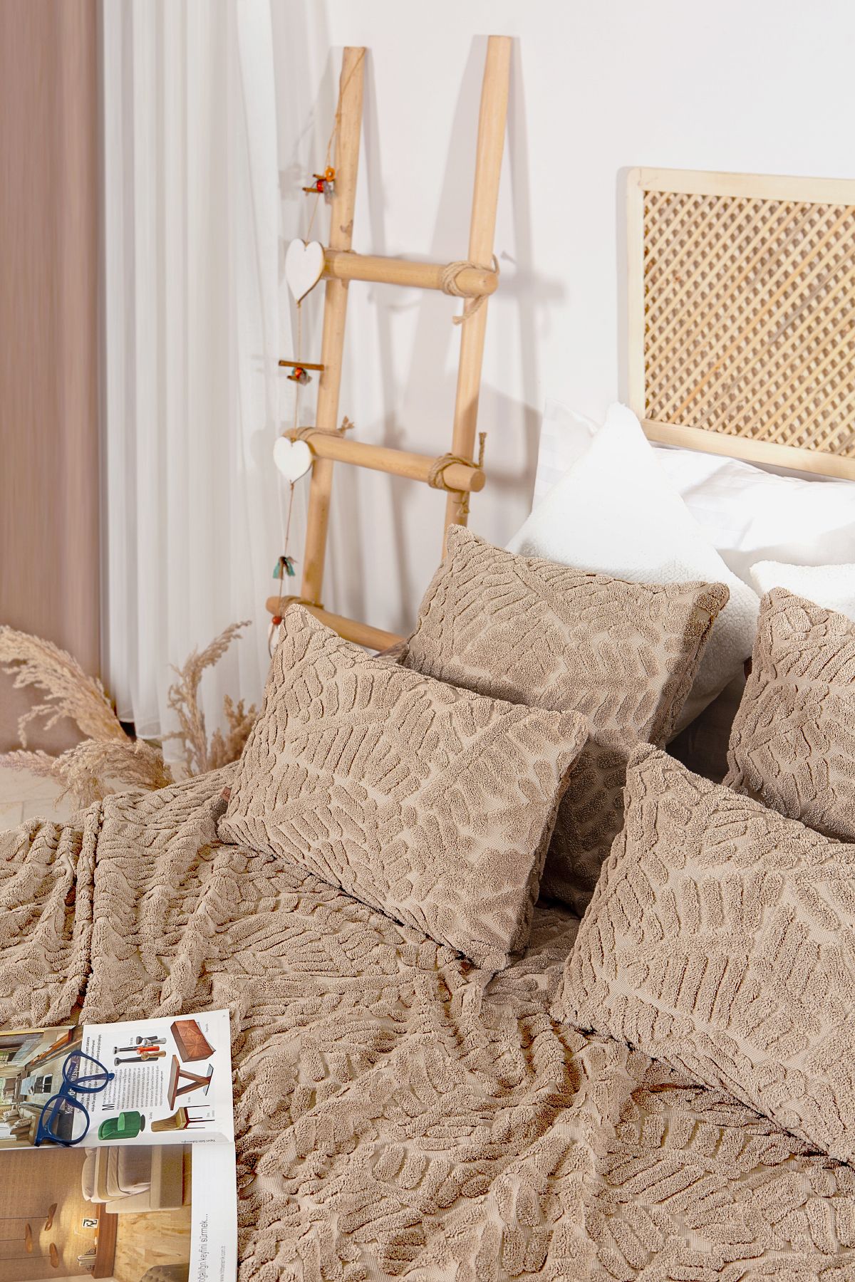 HAMUR-Double Nordic Bedspread Set - Bohemian Punch Ponch Pattern, Forest Natural 2