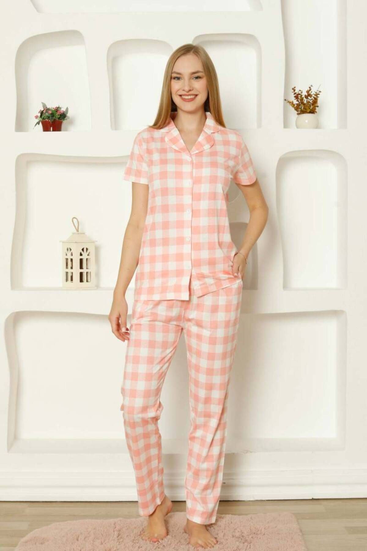 Miss Merveille Ekoseli Önden Düğmeli Kadın Pijama Takımı - Pembe Kısa Kollu Penye 2793KY