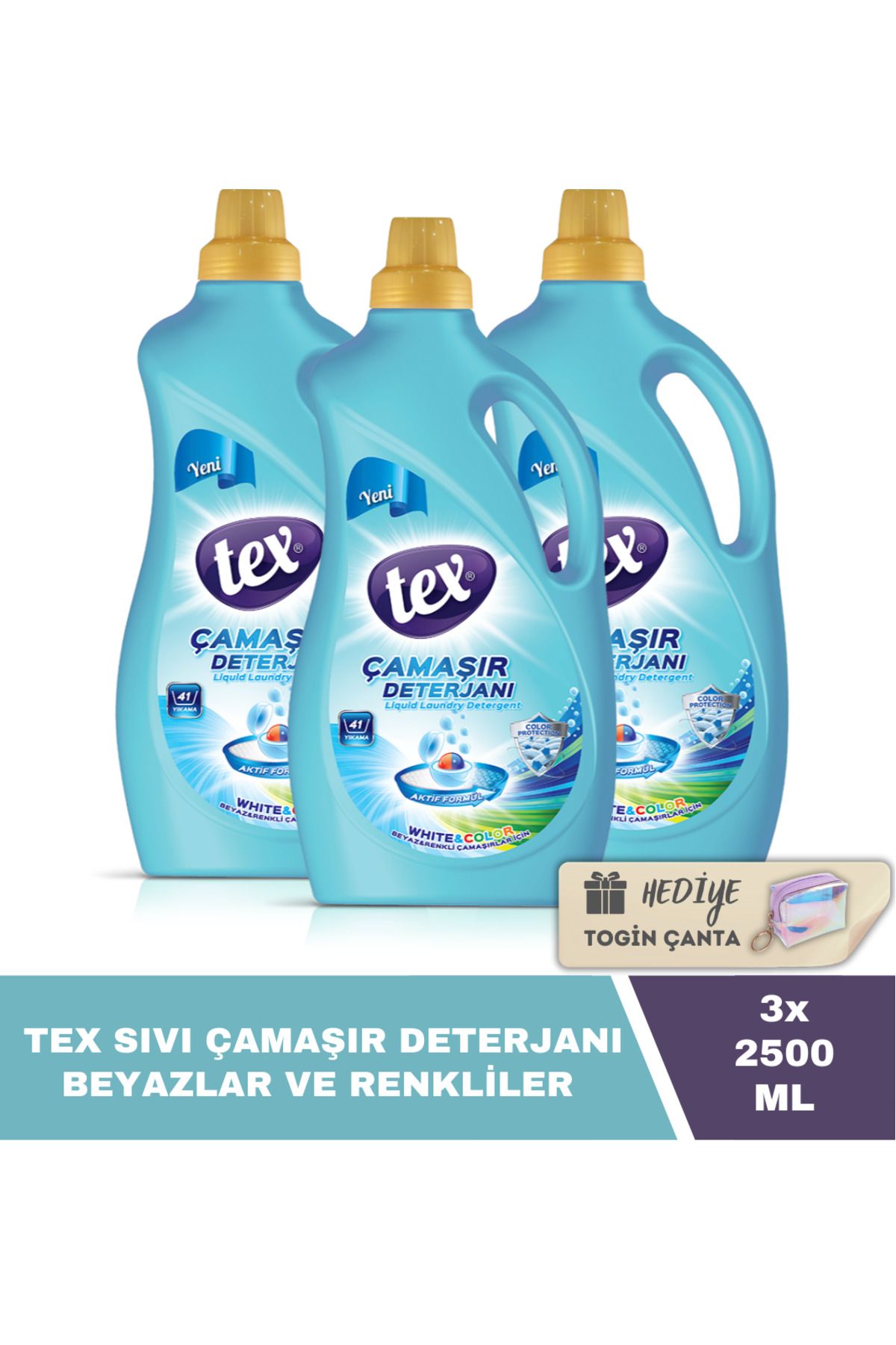 Tex Sıvı Çamaşır Deterjanı Beyazlar Ve Renkliler 2500 ml X3 Adet Hediye Togin Çanta