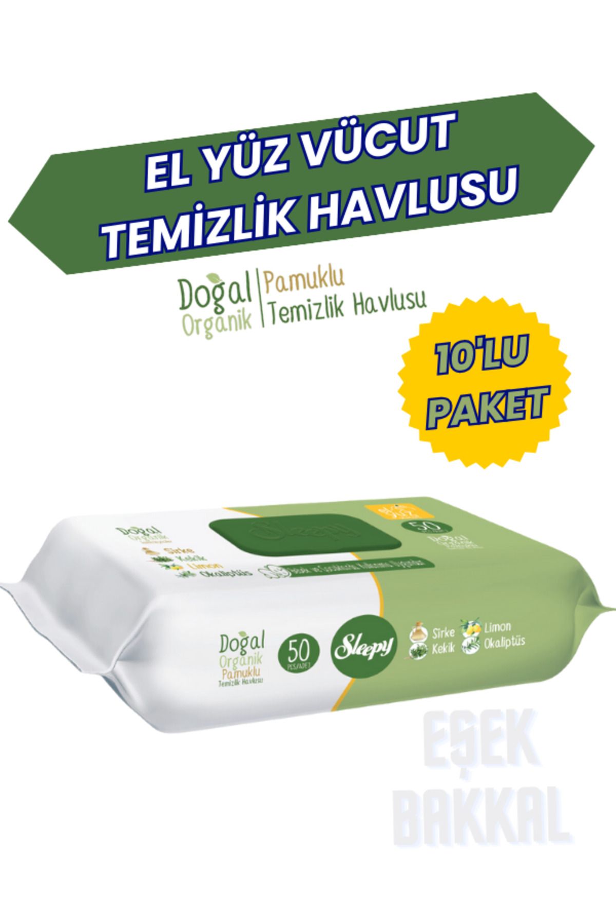 Sleepy 10'lu Pamuklu El Yüz Vücut Temizlik Havlusu Islak Mendil 10x50 Yaprak