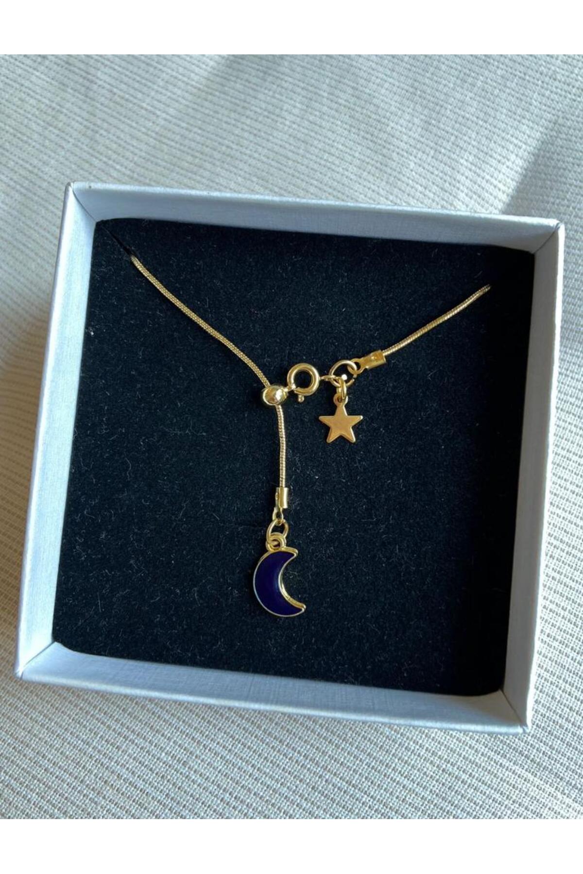 Mavi Ay Ve Yıldız Asansör Gold Çelik Kolye Sevgililer Günü Özel