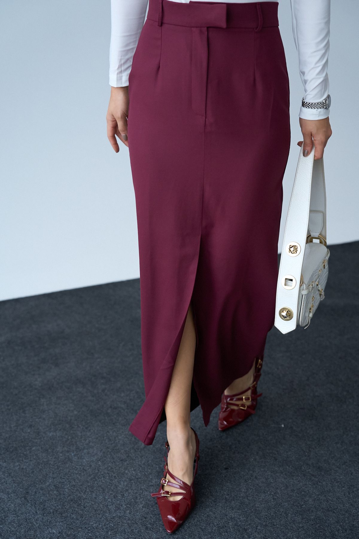 LOOSH-Women's Burgundy Front Slit Maxi Skirt 7