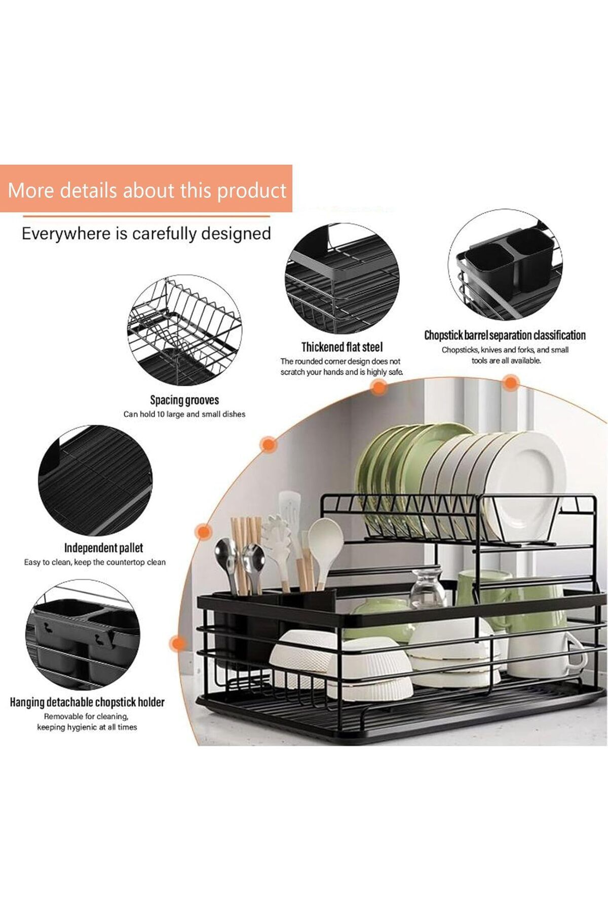 Arabest-Detachable 2 Tier Dish Drying Rack, Dish Drainer Rack, Drip Tray Utensil Holder for Kitchen 2