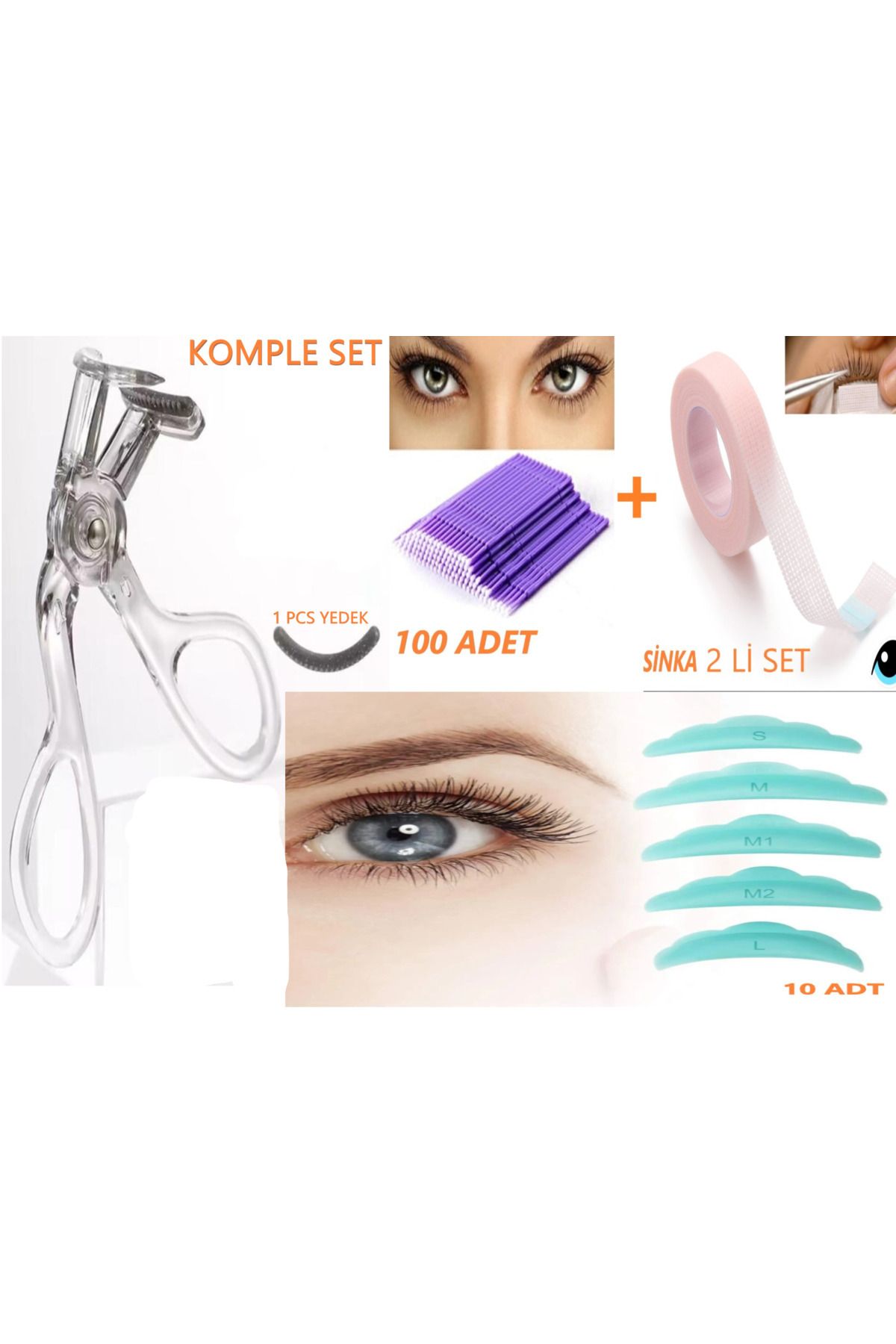 SİNKA KIVIRCI+PED 10 AD+GÖZ ALTI BANT+BRUSH FIRÇA 100 AD KİRPİK SET KOMPLE