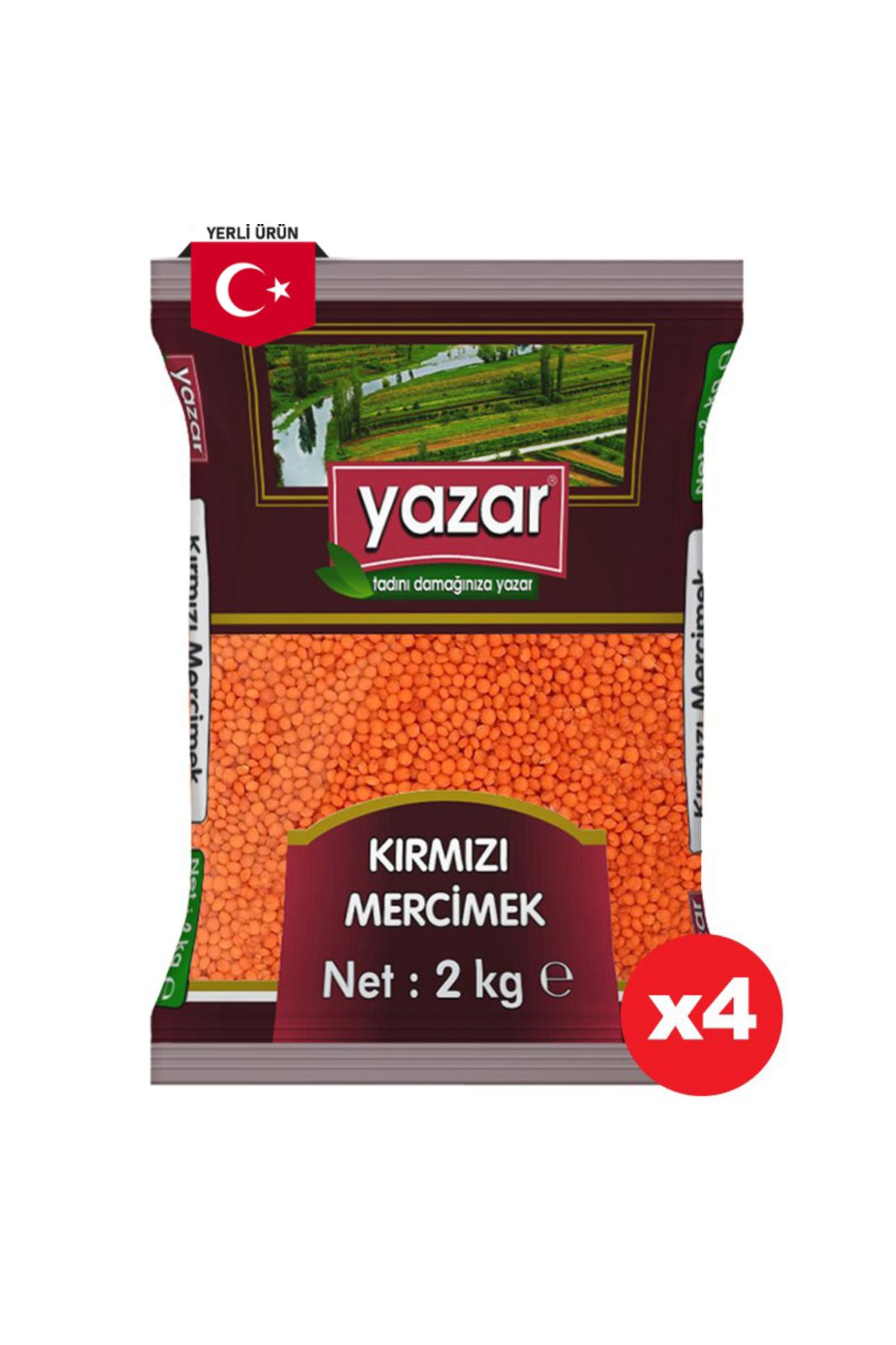 YAZAR Yerli Kırmızı Mercimek 2 Kg. x 4 Paket