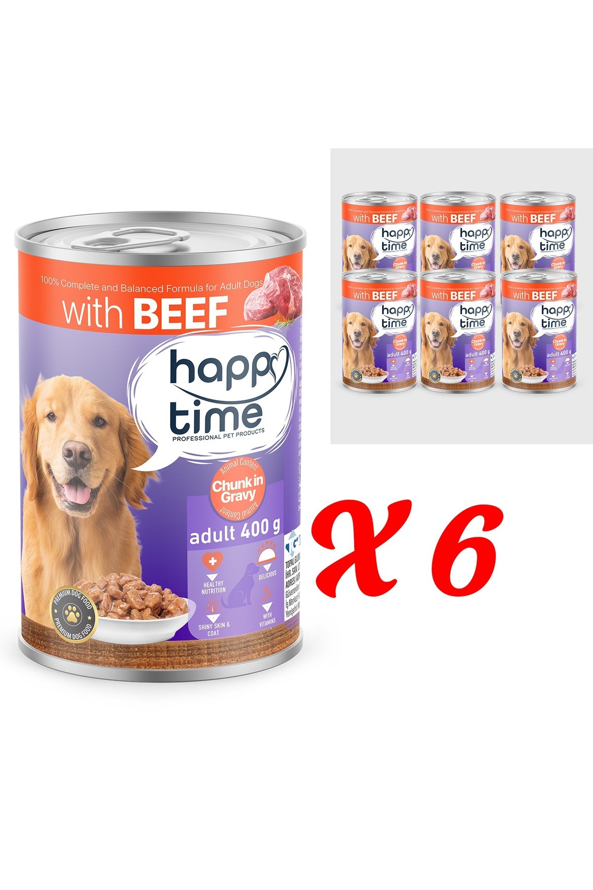 HAPPY TİME Yetişkin Köpekler İçin Biftek Parça Etli Konserve 6x400 Gr
