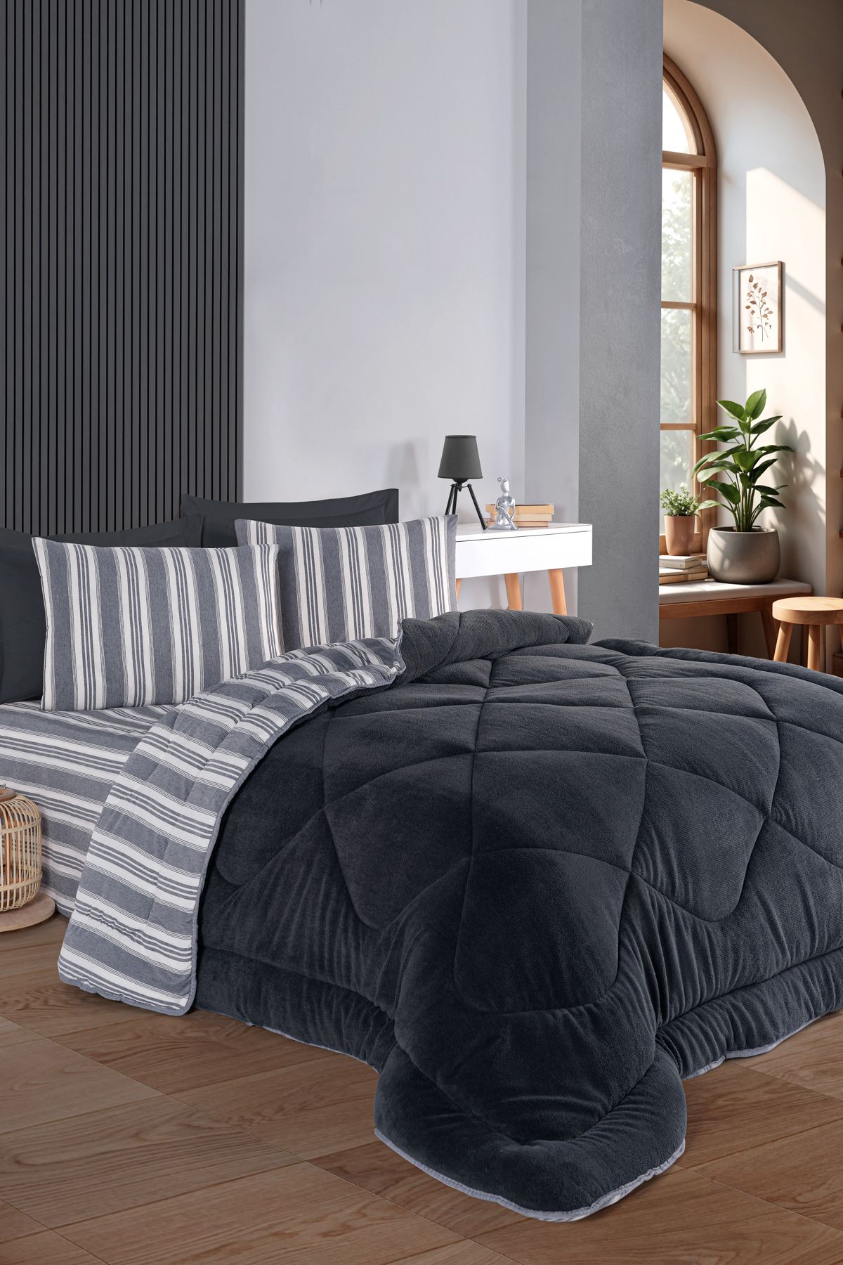 Eponj Home-Anthracite Soft Line Single Comfort Set - 2 Pieces with Quilt 2