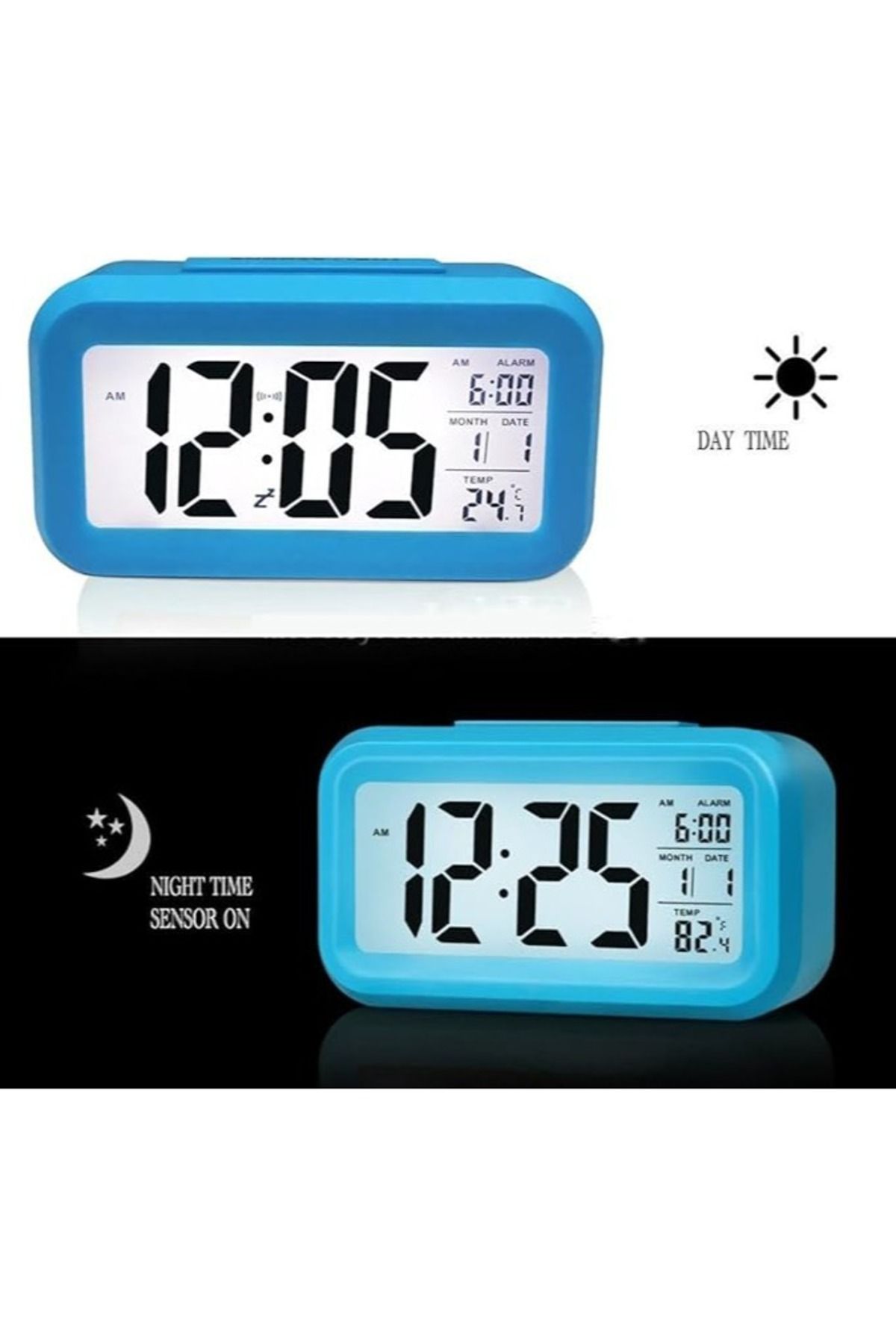 Generic-Electronic digital LED alarm clock, showing temperature and calendar, blue 2