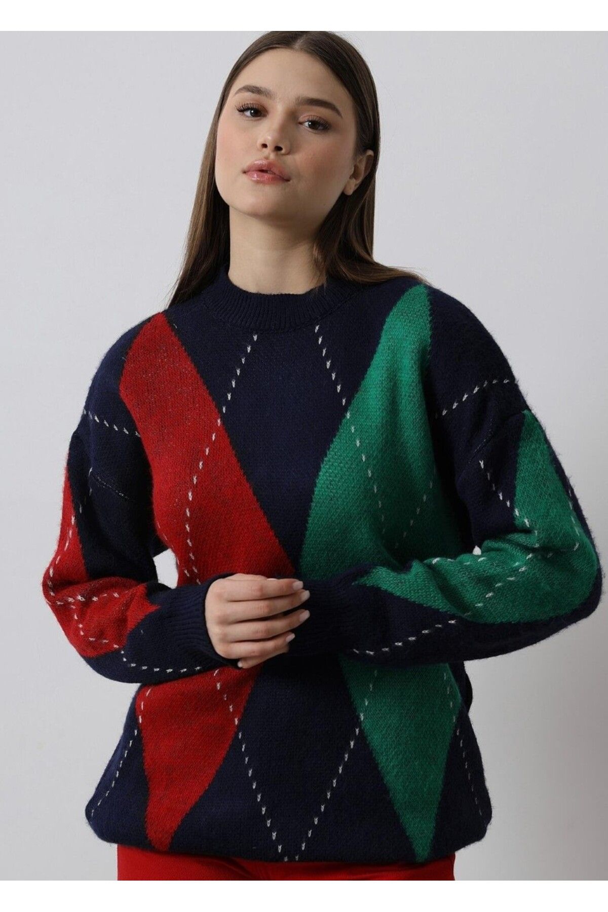 Reyon-Women's Red Green Navy Blue Diamond Patterned Knitwear Sweater 4