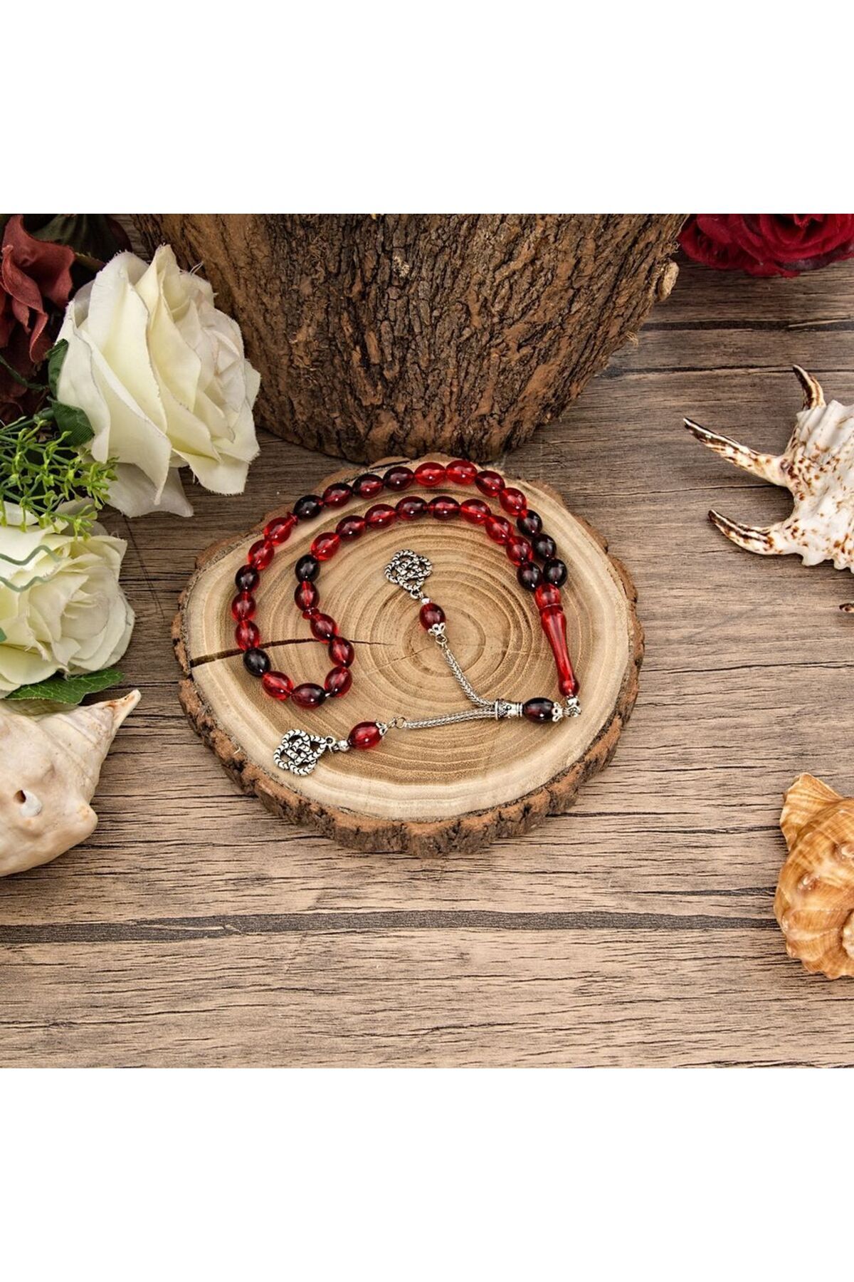 33 Male Rosary Barley Cut Fire Red Color 7 mm Single Metal Tassel