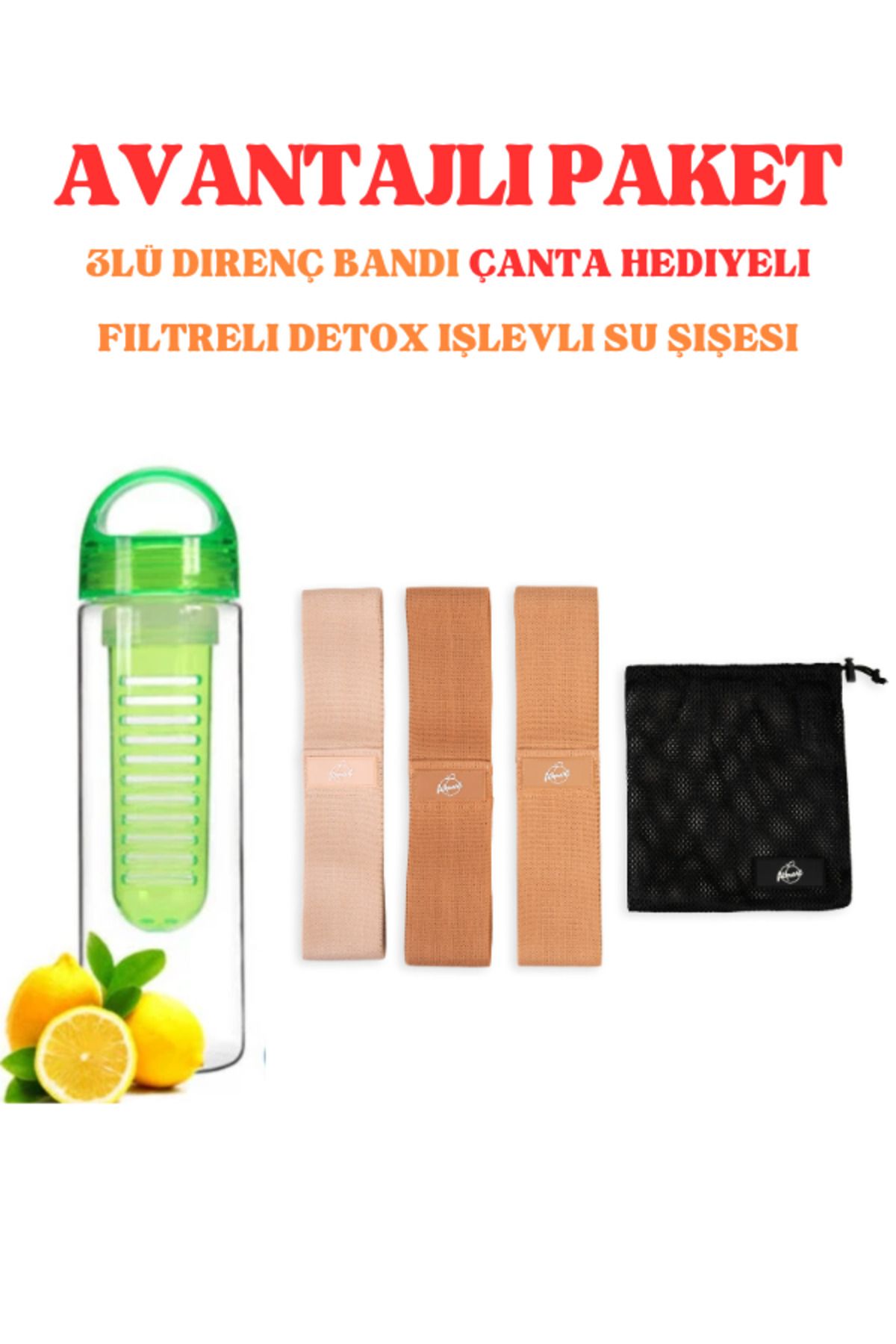 fitmart AVANTAJLI PAKET - 3lü direnç bandı çanta hediyeli - Filtreli detox işlevli 700 ml su şişesi