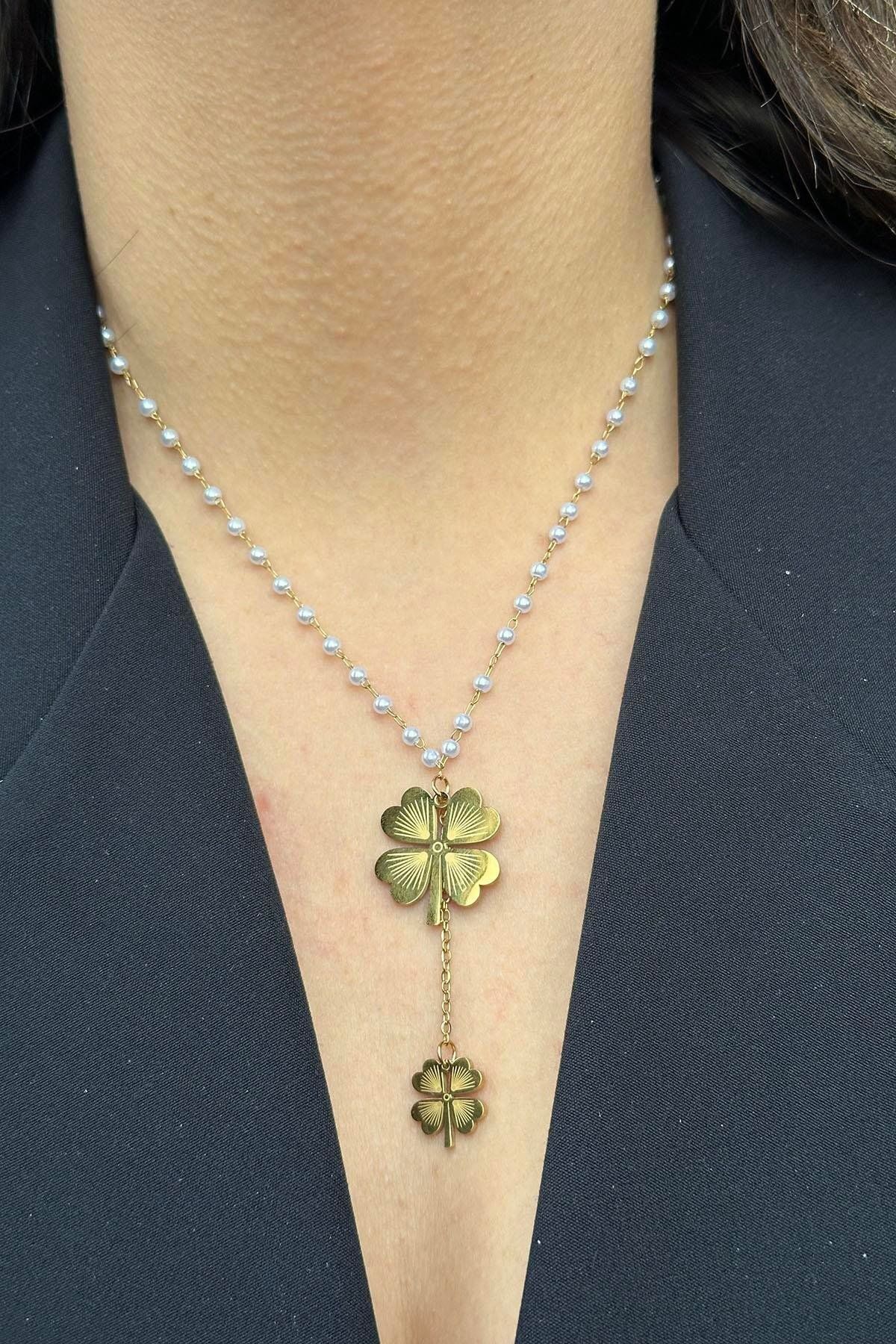 TAKIŞTIR-Gold Color Clover Figured Steel Necklace with Pearl Detail 1