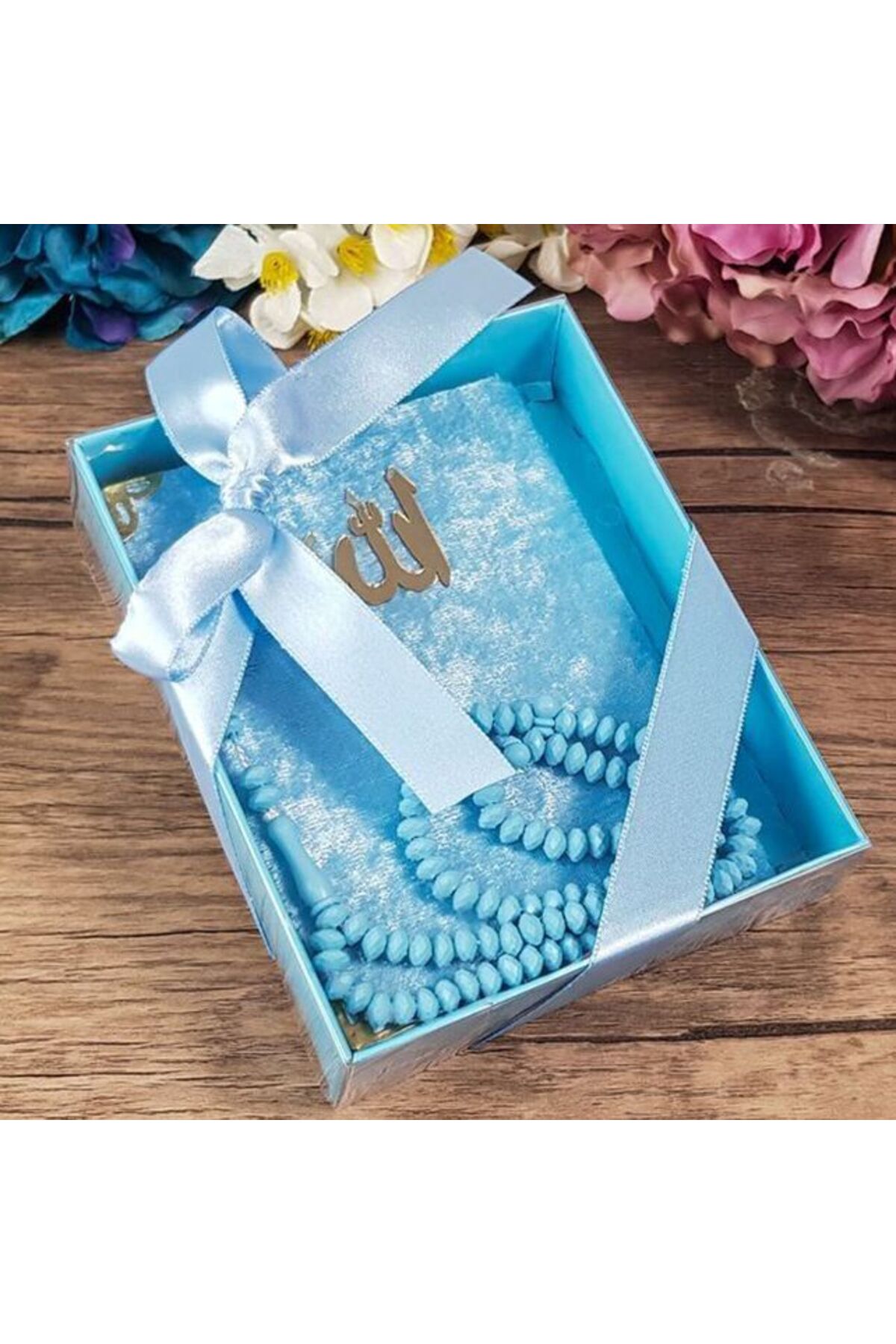 Velvet Covered Yasin Book (Pocket Size), Scented Rosary, Acetate Boxed (12×15) Mevlid Package-Blue