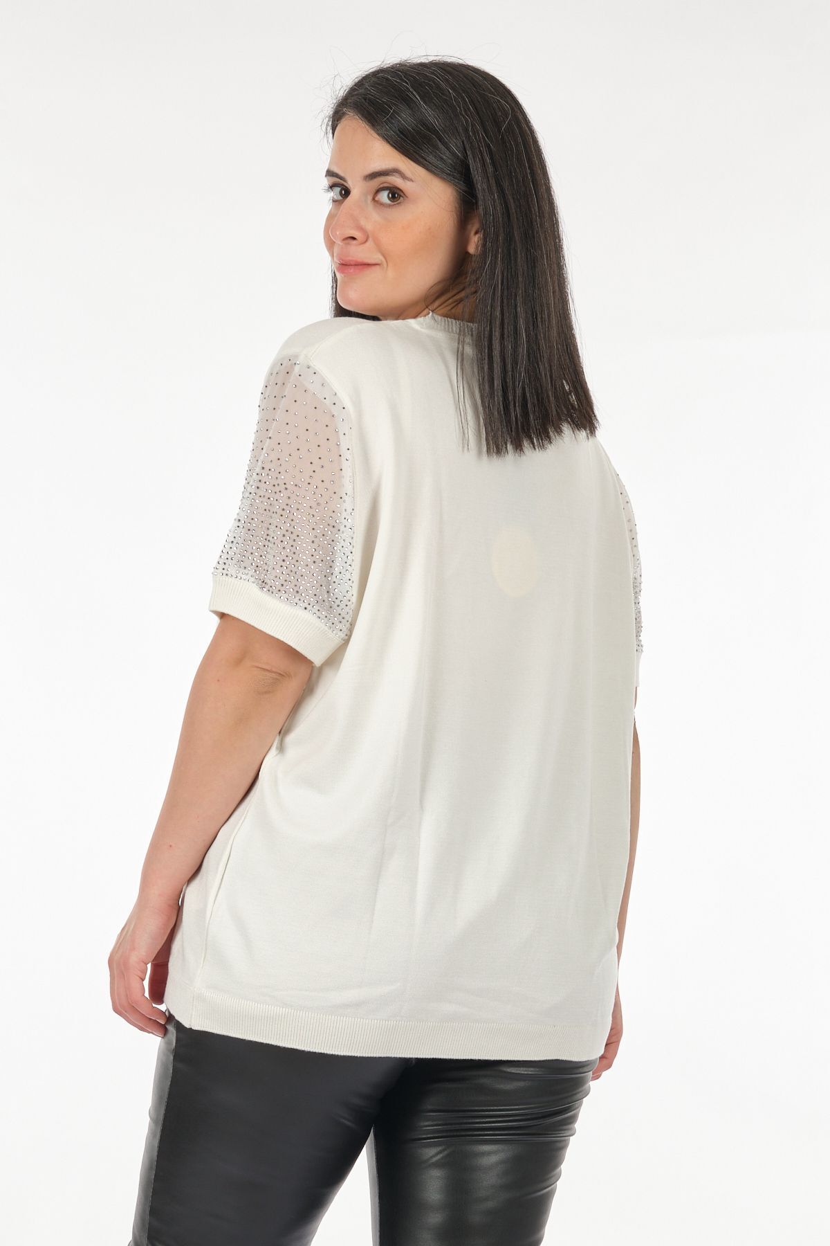 Vedi--bb Round Neck Large Size Sleeve Detailed Ecru Women's Knitwear2322019 5