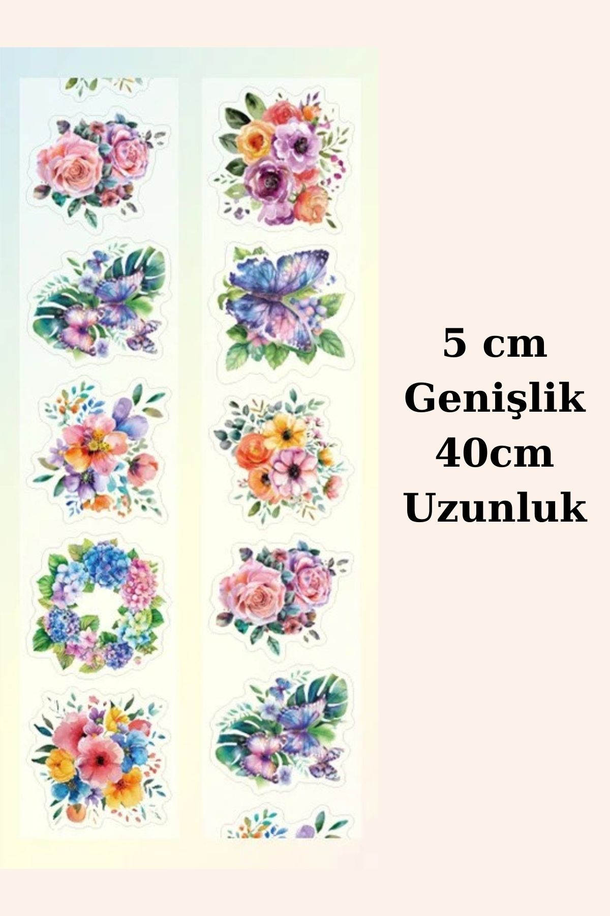 Mona Craftist Renkli Şeffaf Çiçek Sticker Kesimli Bant Pet Tape Döngü 5x40cm Scrapbook Bullet Journal Ajanda Washi