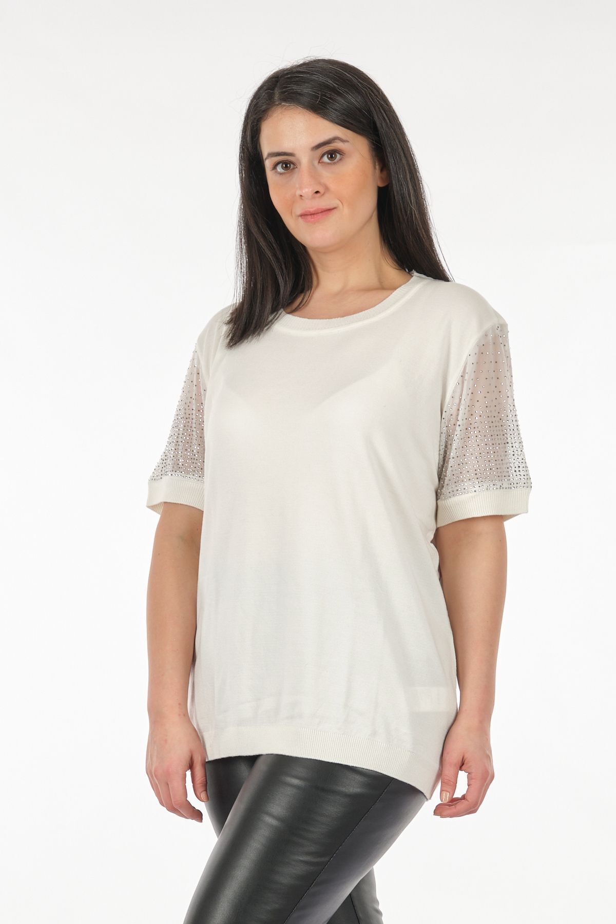 Vedi--bb Round Neck Large Size Sleeve Detailed Ecru Women's Knitwear2322019 4