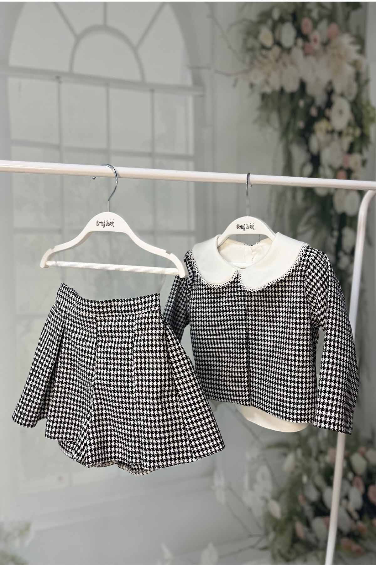 Bertuğ Bebek Set Crepon Alb-negru Pentru Fete - Houndstooth Femeie - 4 ani