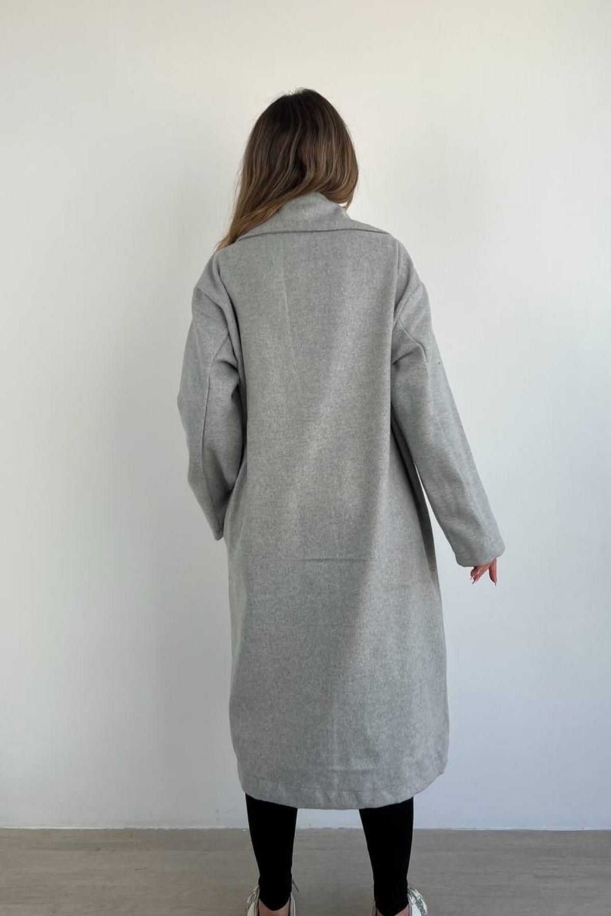 Mossta-Basic Buttoned Long Cashmere Coat with Pockets Gray 4