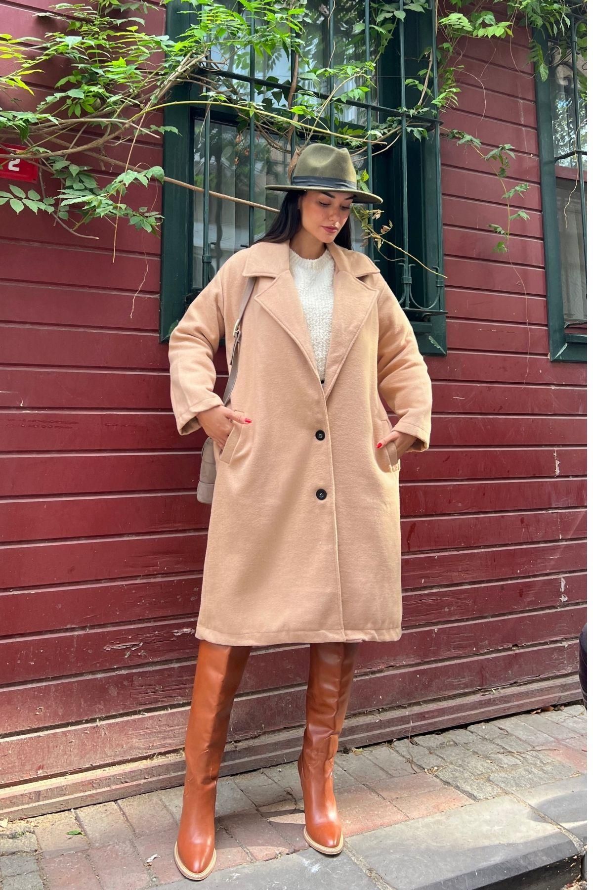 Mossta-Basic Buttoned Pocketed Long Stamp Coat Tan 1