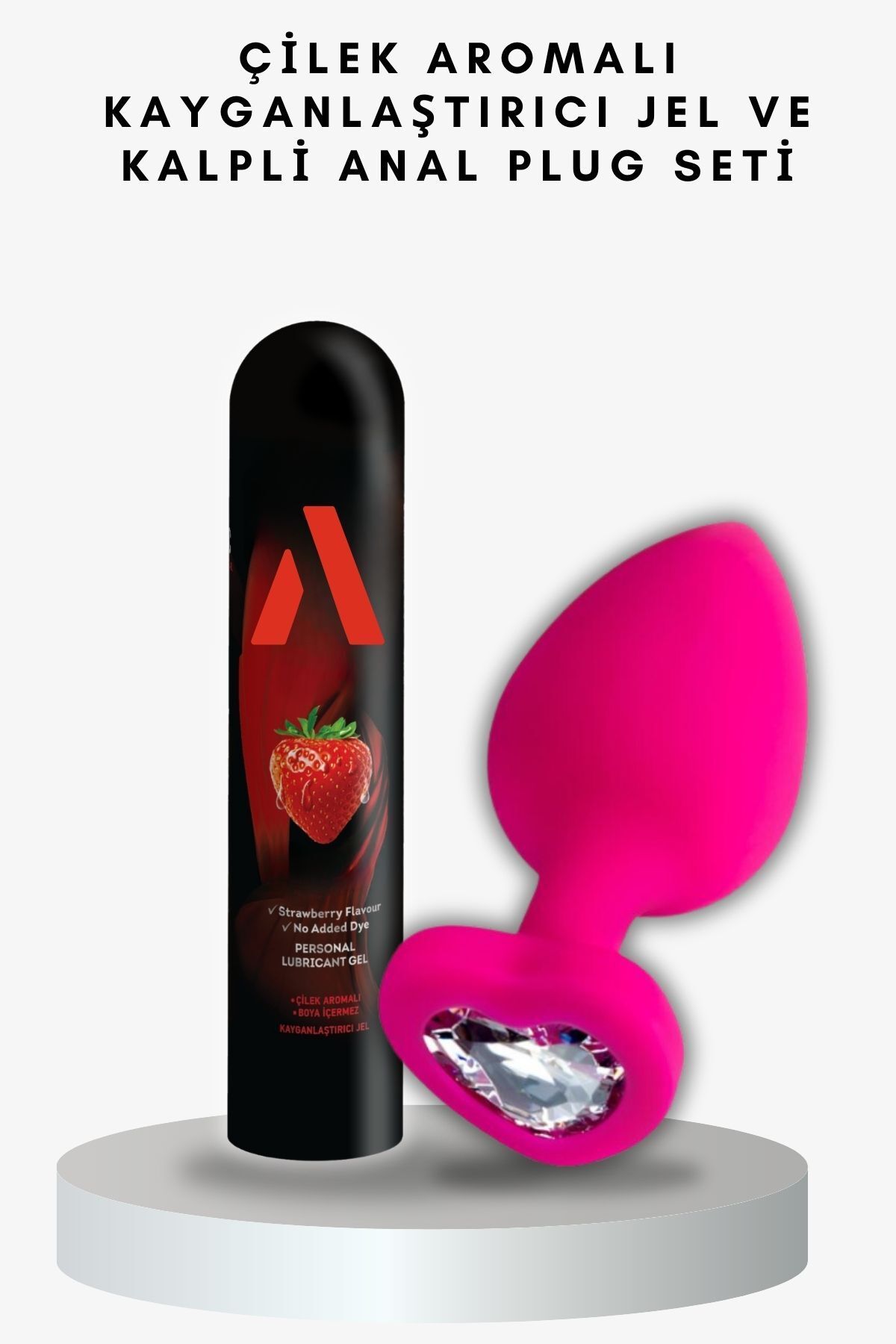 Ada Marketing Çilek Aromalı Kayganlaştırıcı Jel ve Pembe Kalpli Silikon Anal Plug Seti - Anal Plug Set