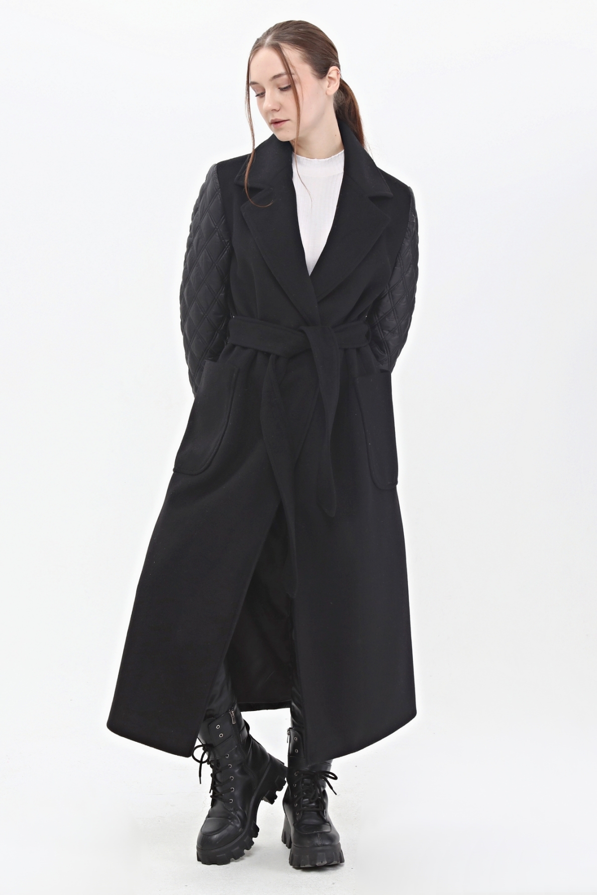 Veger  Kaşe Kapitone Karışık Uzun Özel Tasarım Palto - Görsel 4