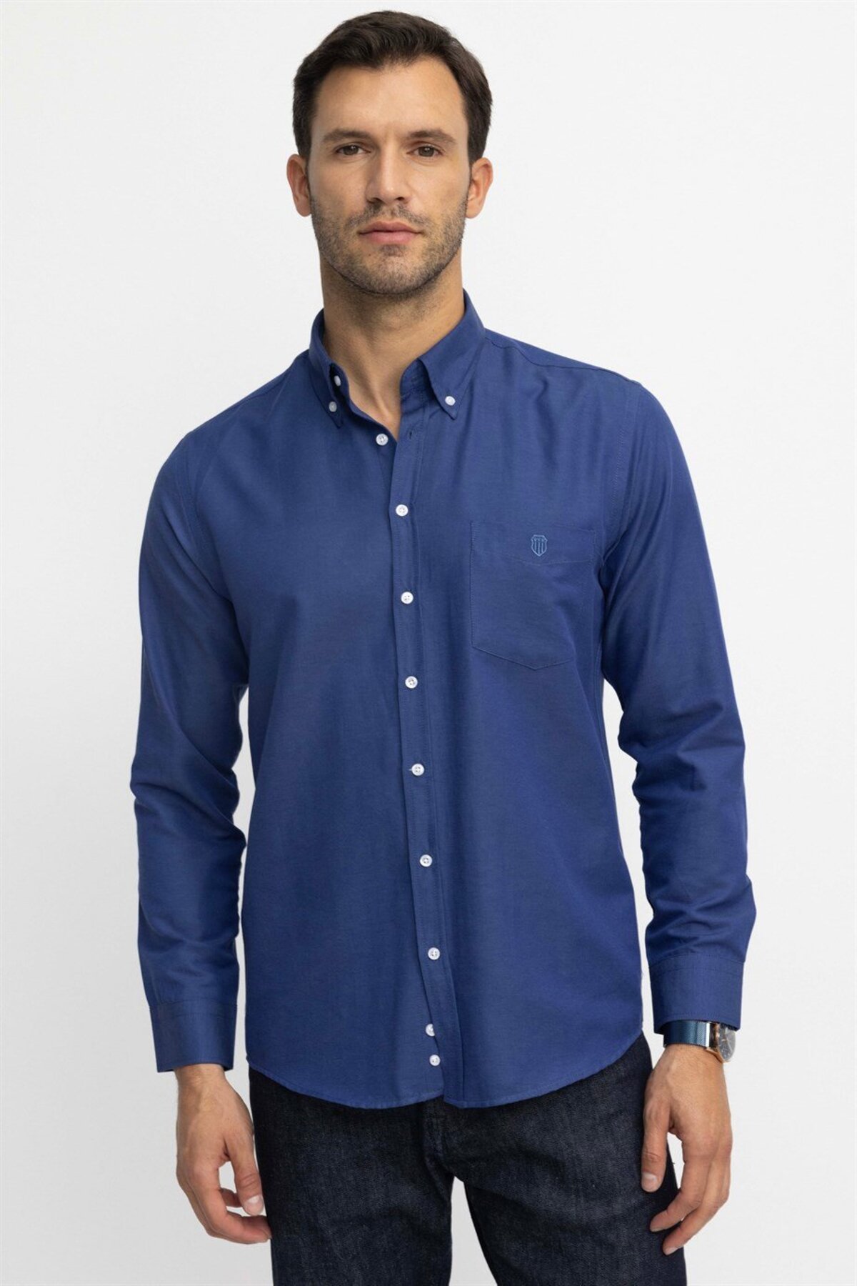 Tudors  Klasik Fit Uzun Kollu Oxford Doku Yaka Düğmeli Cepli Nakışlı Erkek Indigo Gömlek - Görsel 3