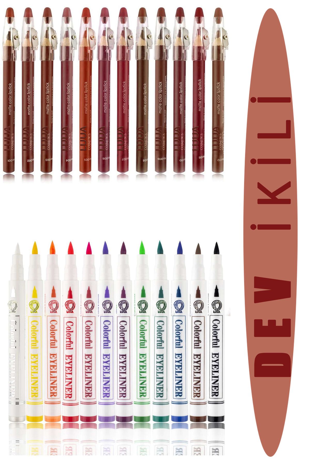 LUUA 12 Renk Pen Eyeliner Seti & Kalemtraşlı Dudak Kalemi Jumbo Kalın Kalem Ruj Waterproof 12li Set