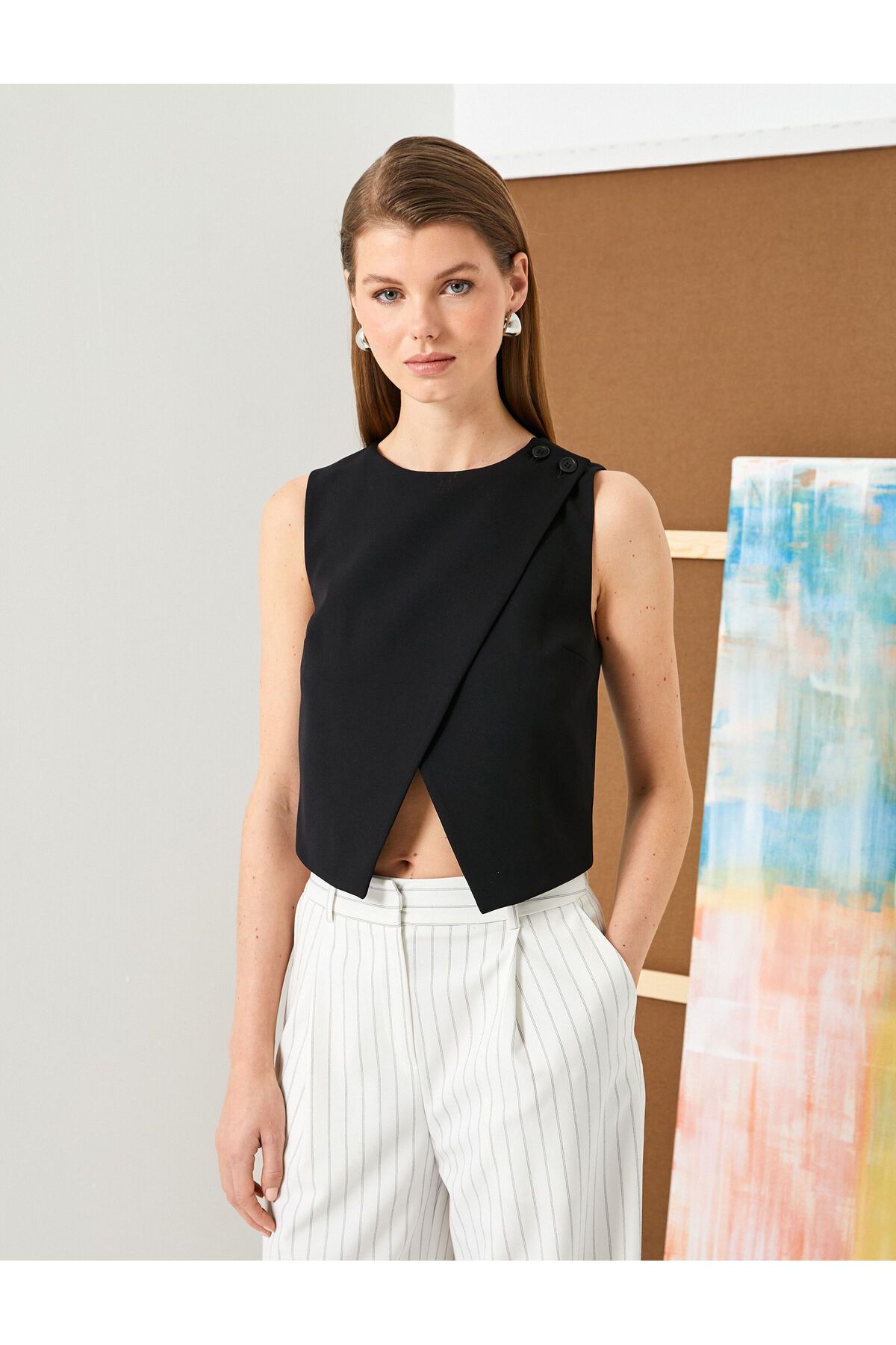 Koton-Crop Vest with Front Window Detail and Button 3