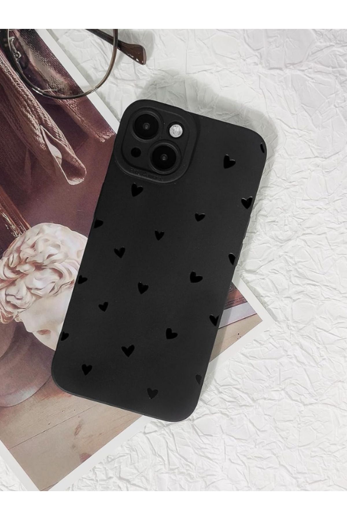 KVK PRİVACY-iPhone 13-14 Compatible Case Matte Black Heart Pattern Shockproof Soft Camera Protection Cover 2