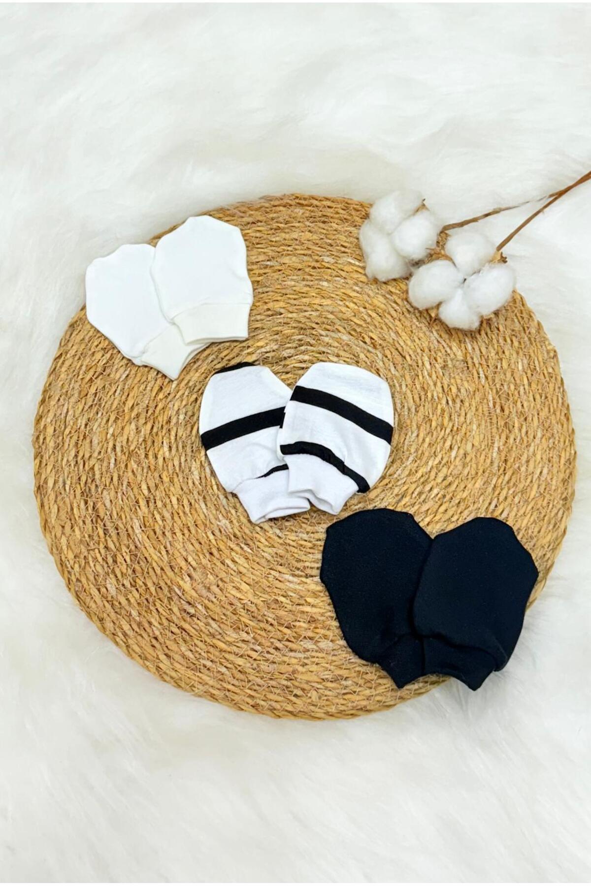Lumos Trade Unisex Bebek Yenidoğan Penye Organik Pamuklu Bebek Eldiveni 3 Çift Set - Siyah Beyaz fotoğrafı 2 (önizleme)