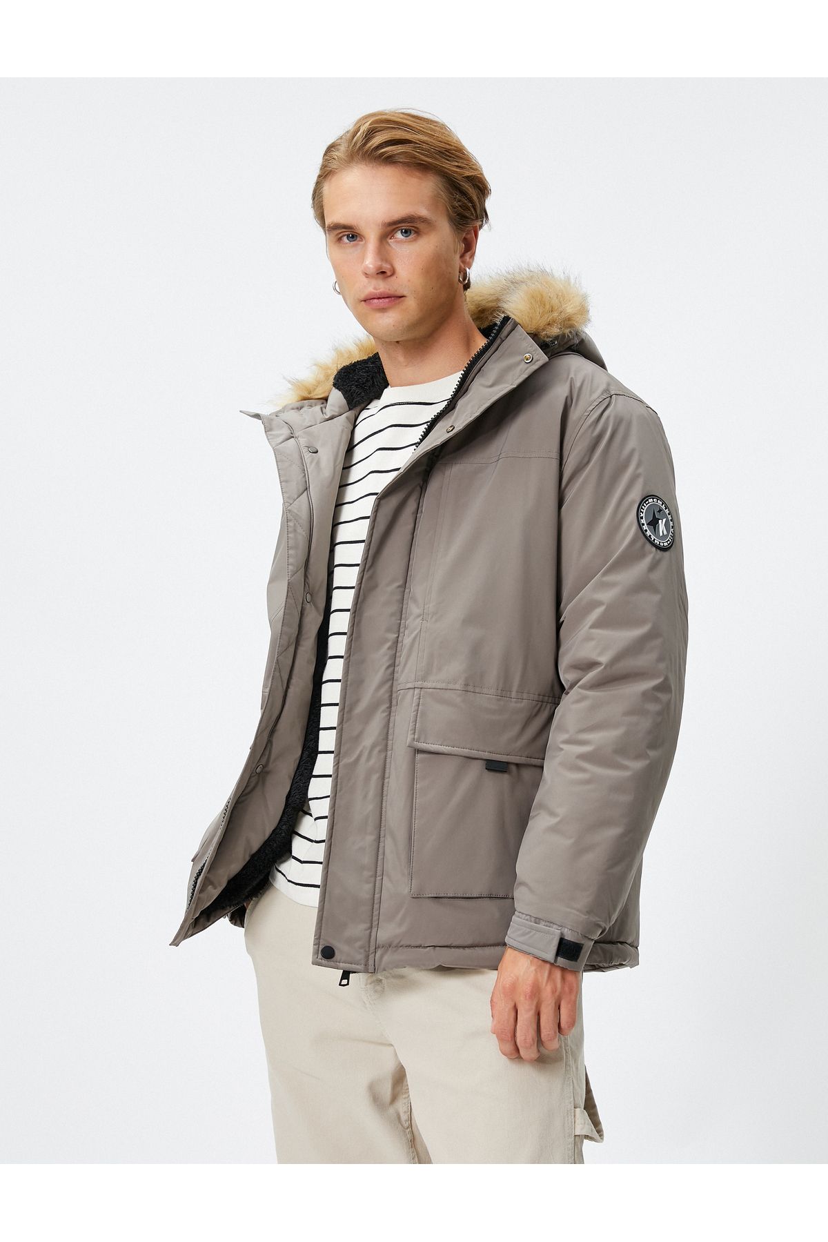 Koton-Down Jacket with Stand Collar and Zipper - Label Print and Pocket Detail 1