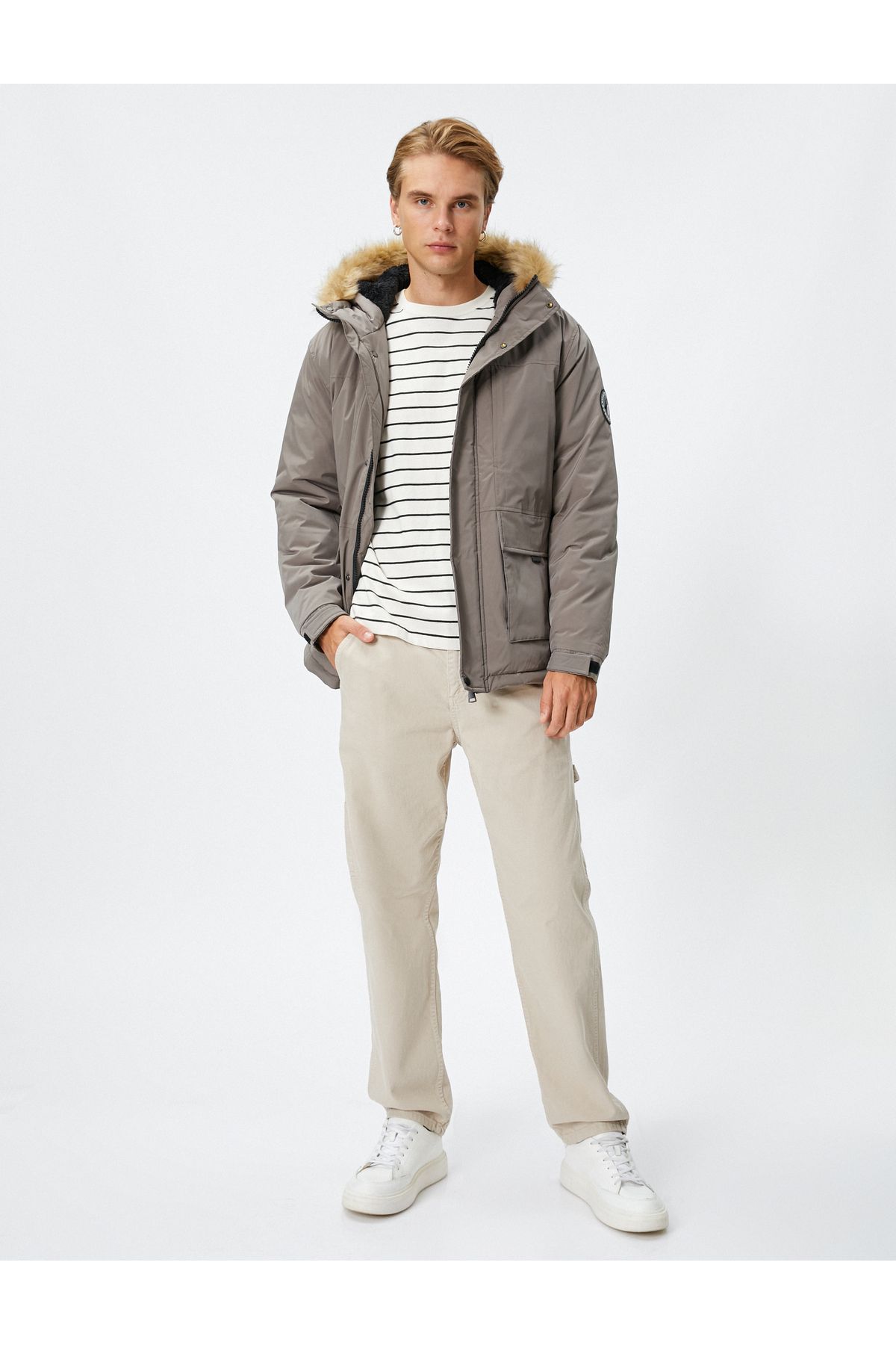 Koton-Down Jacket with Stand Collar and Zipper - Label Print and Pocket Detail 2